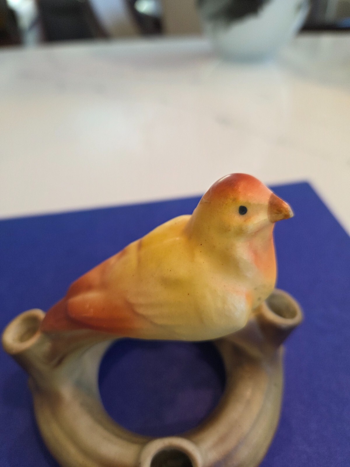 Red Dime Mark Czech Pottery Flower Vase with yellow canary, Vintage.