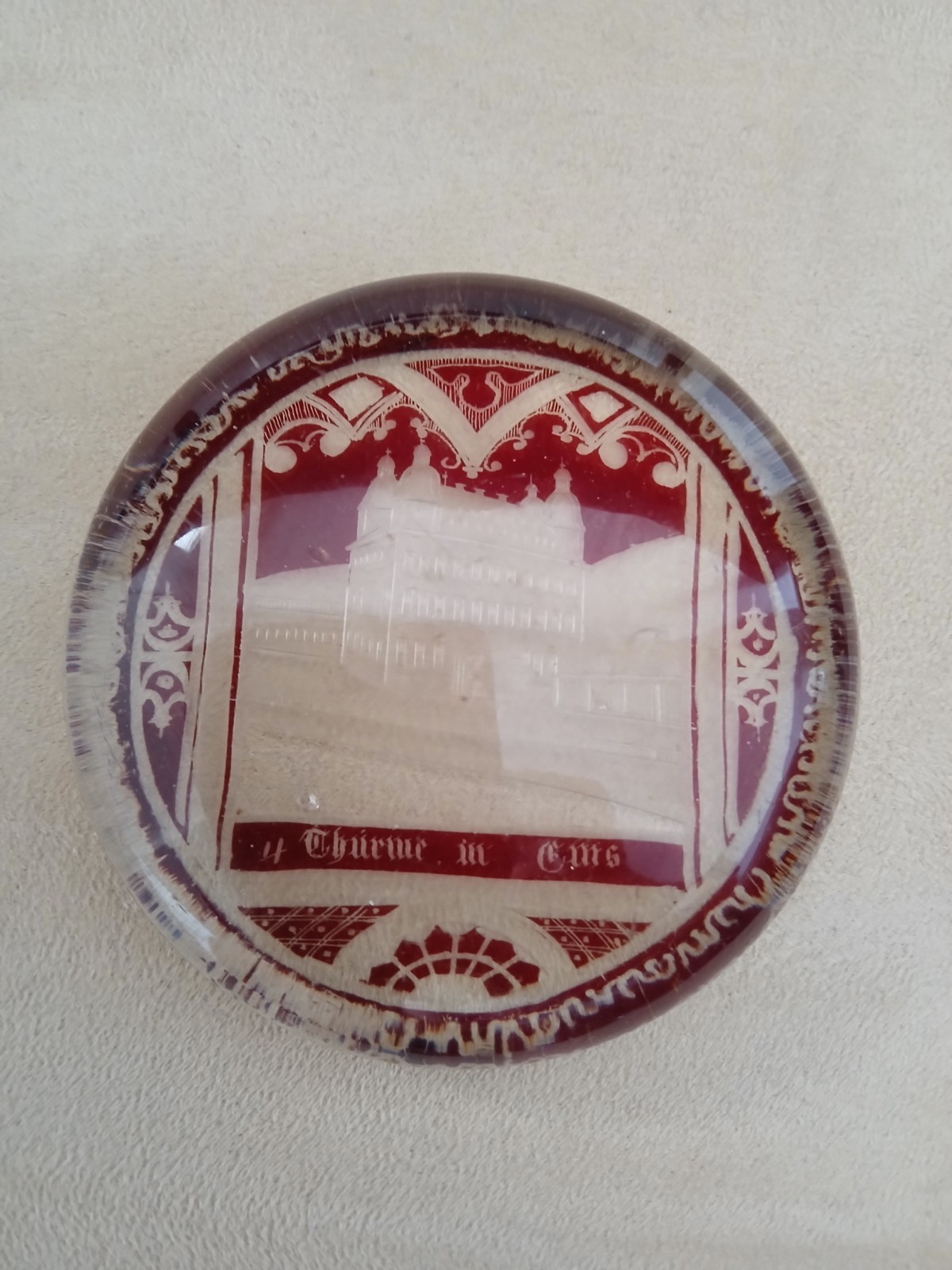 Antique 19thC Bohemian Ruby Flashed Cut to Clear Glass Paperweight Spa Souvenir
