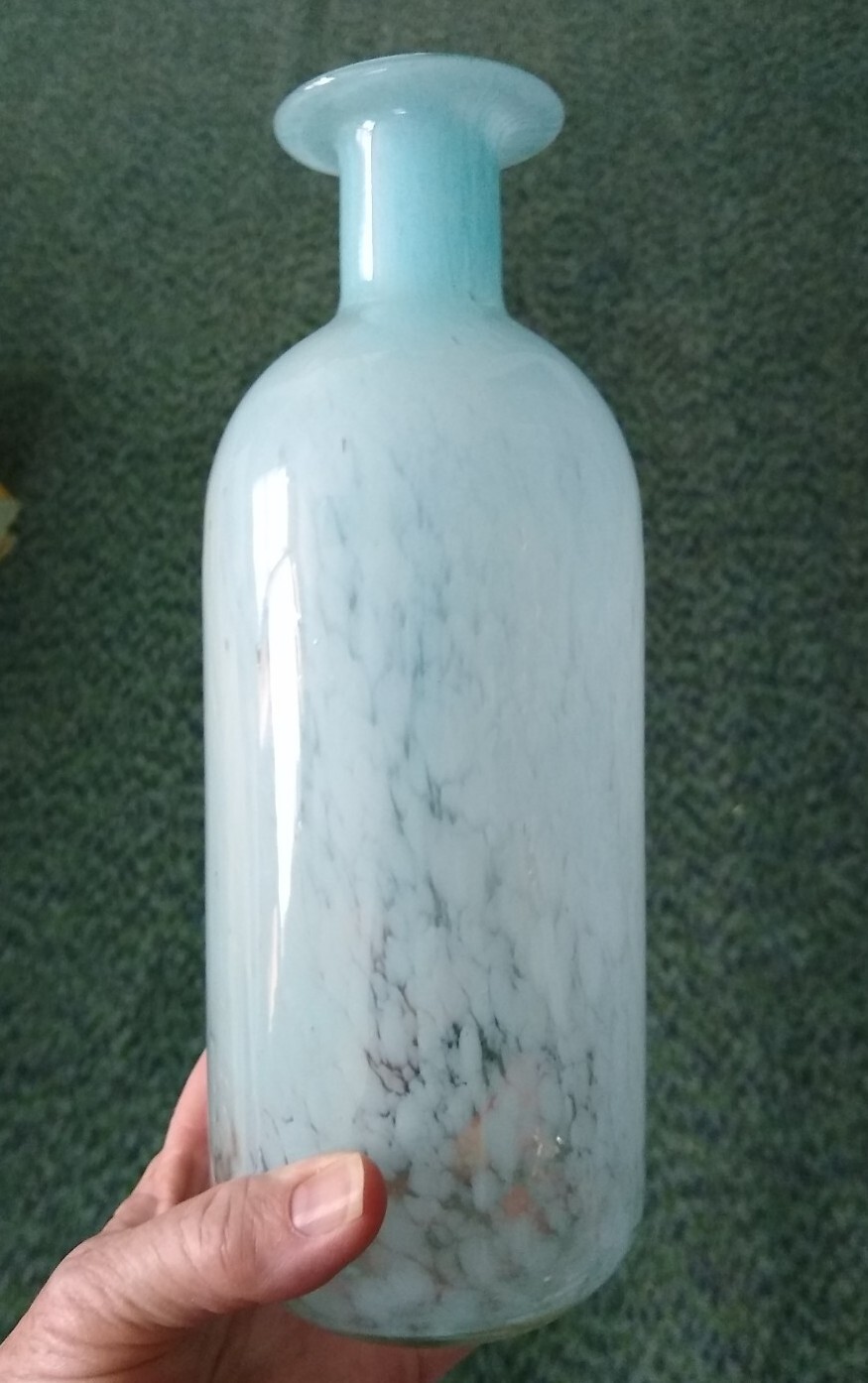 Blue Splatter Art Glass Bottle Vase 9.75″ tall, beach, coastal, cottage decor