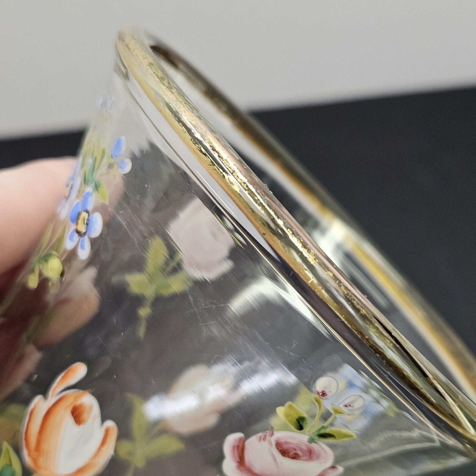 VTG French Style Hand Painted Enamel Flowers Glass Vase Victorian Cottagecore