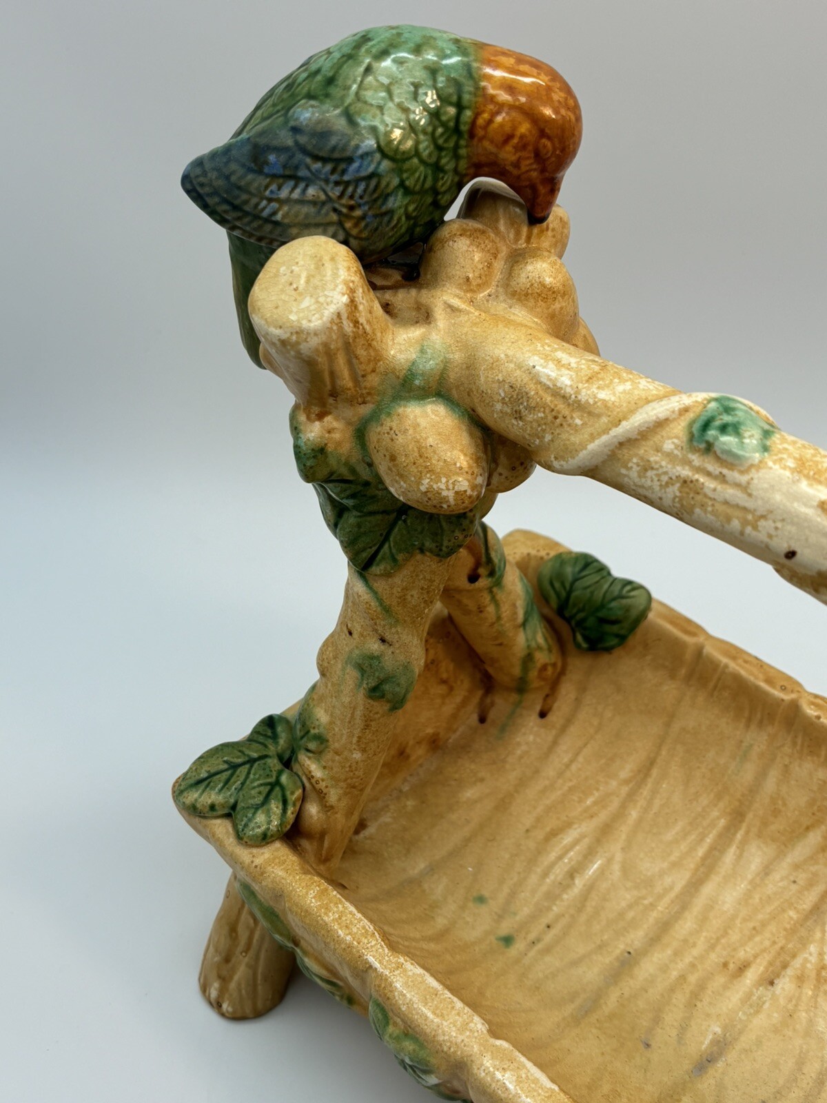 Victorian Pottery Strawberry Server Basket Planter 13” Parrots Birds Vintage