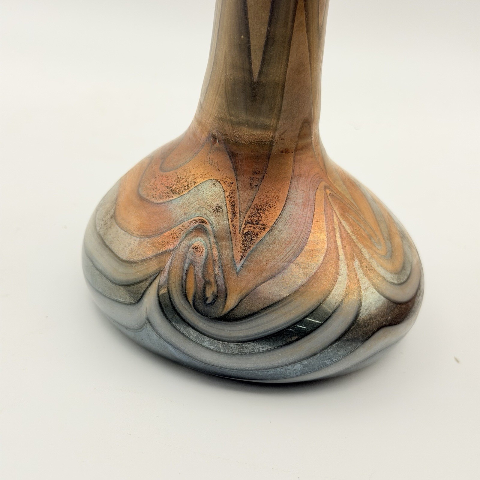 Studio Art Glass Calla Lily Vase Blue Iridescent Orange Swirl 11” Gorgeous!