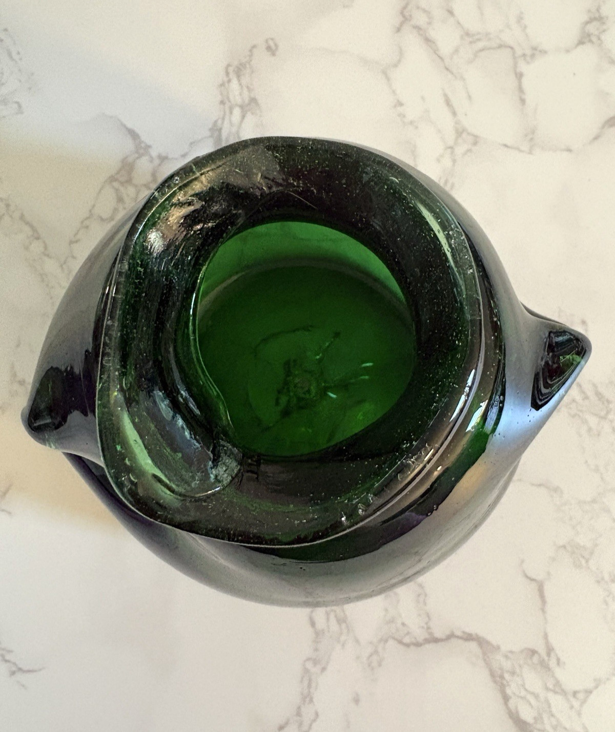 Vintage Hand Blown Forest Green Heavy Glass Vase Mid Century Pinched Handles