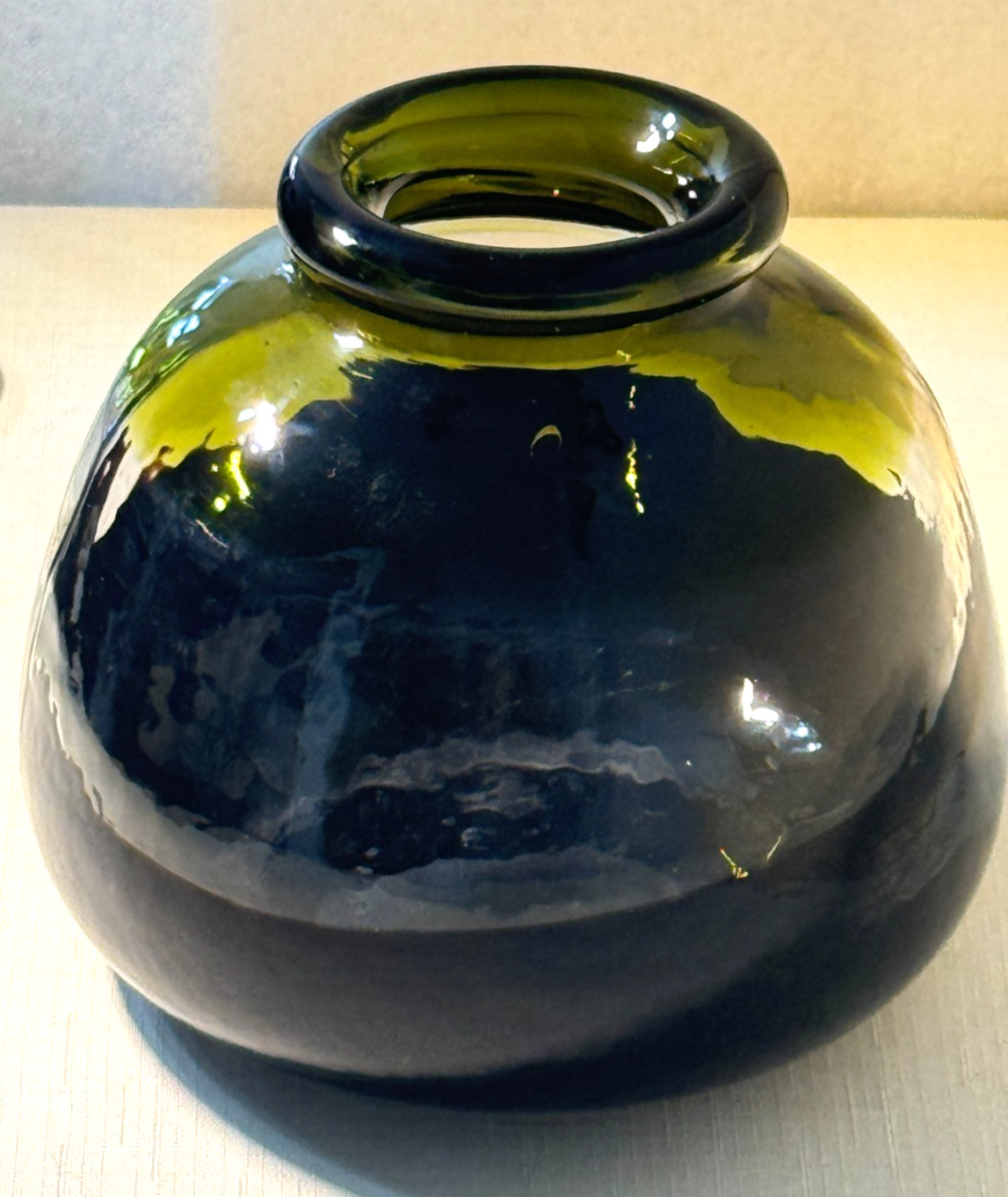 Olive Green Art Glass Vase Hand Worked Thick Rolled Rim Pontil Base