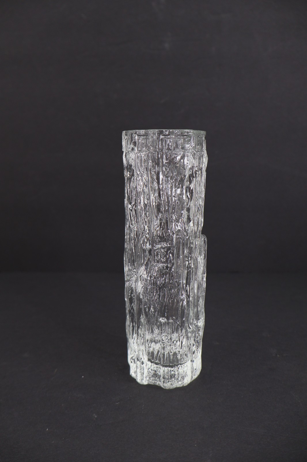 Ravenhead Bark Textured Clear Art Glass Cylinder Vase MCM British Ice Glass