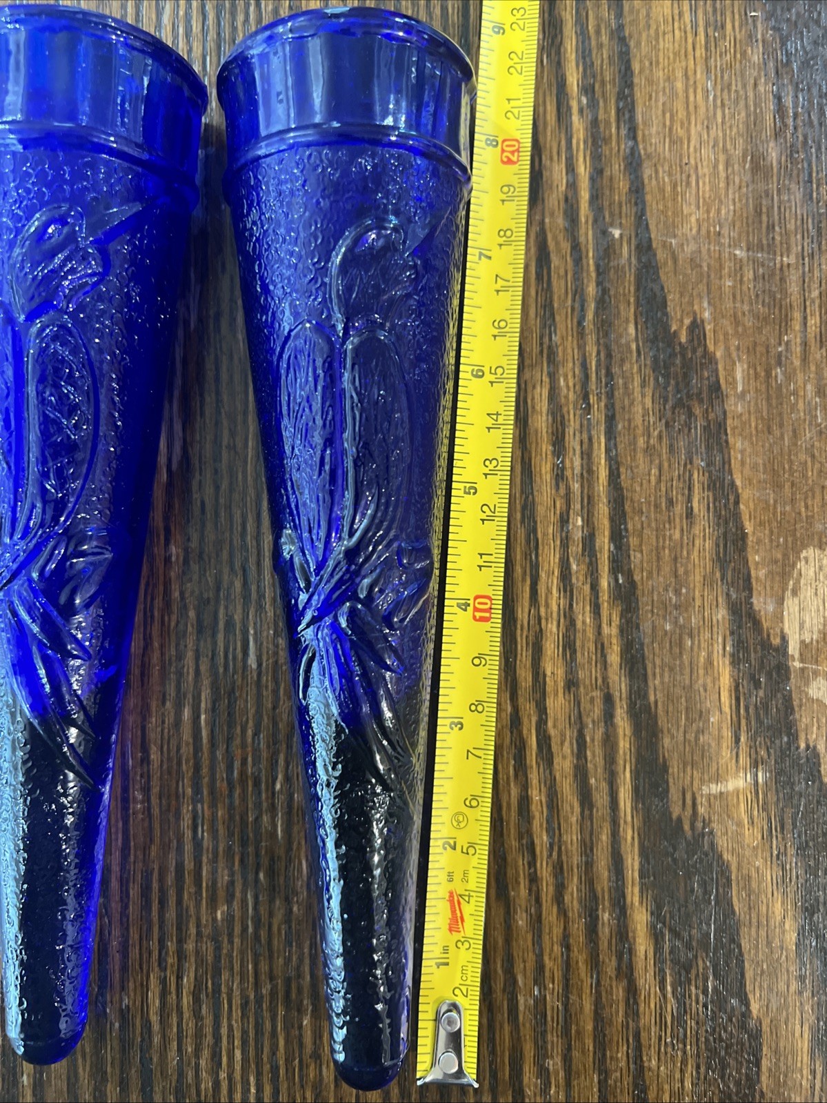 VTG Dugan Cobalt Blue Glass Cone Bird Car Wall Pocket Vase 1920s 8 1/8” H Set 2