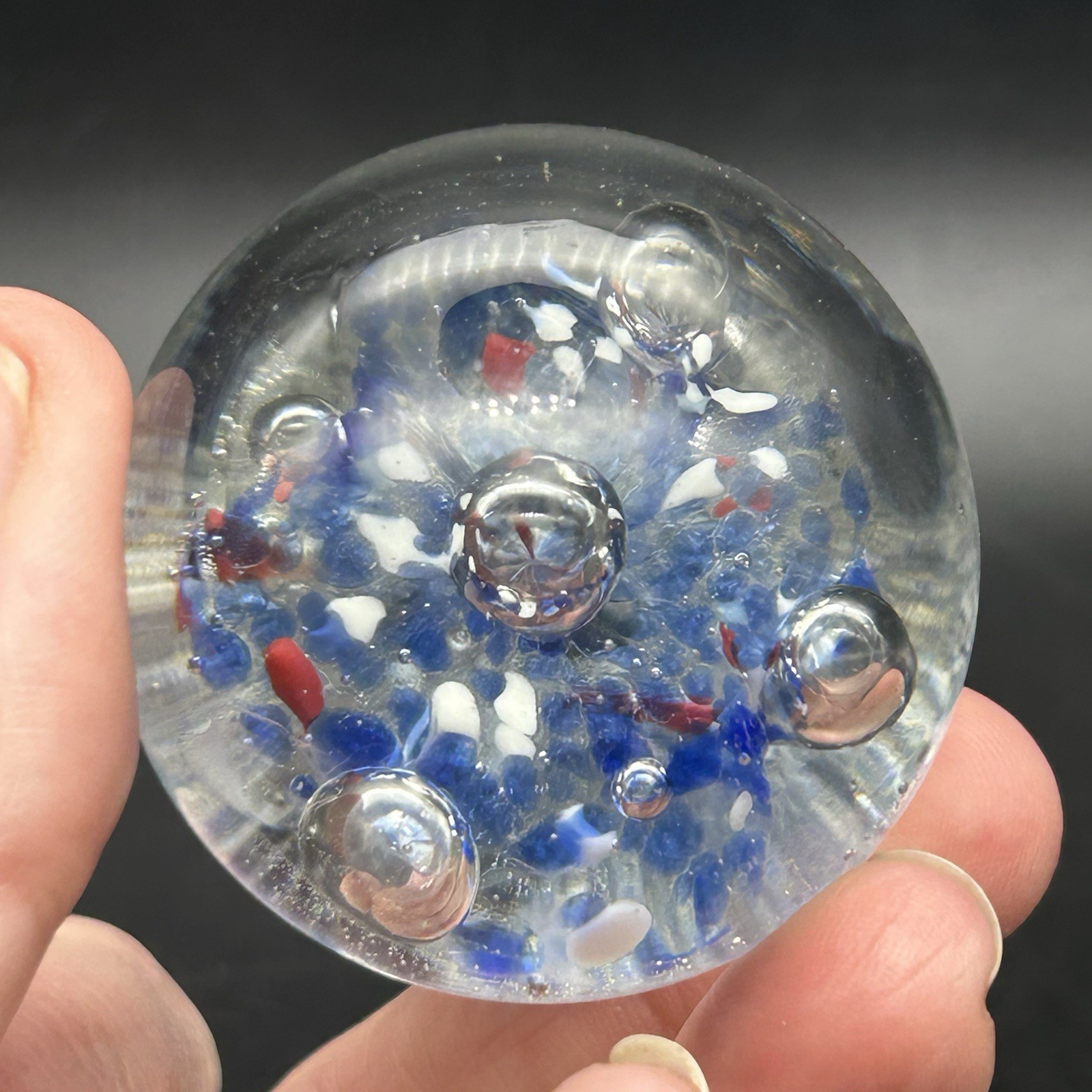 Vtg Small Art Glass Paperweight Clear Controlled Bubbles Blue Red Fleck 1 3/4”