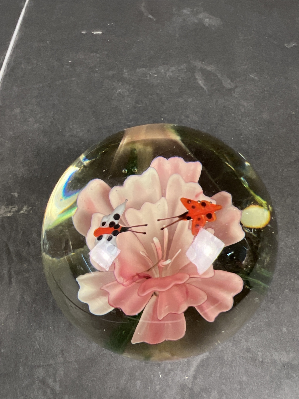 Clear Art Glass Paperweight Pink Flower w/ Green leaves and Butterflies 3.5”