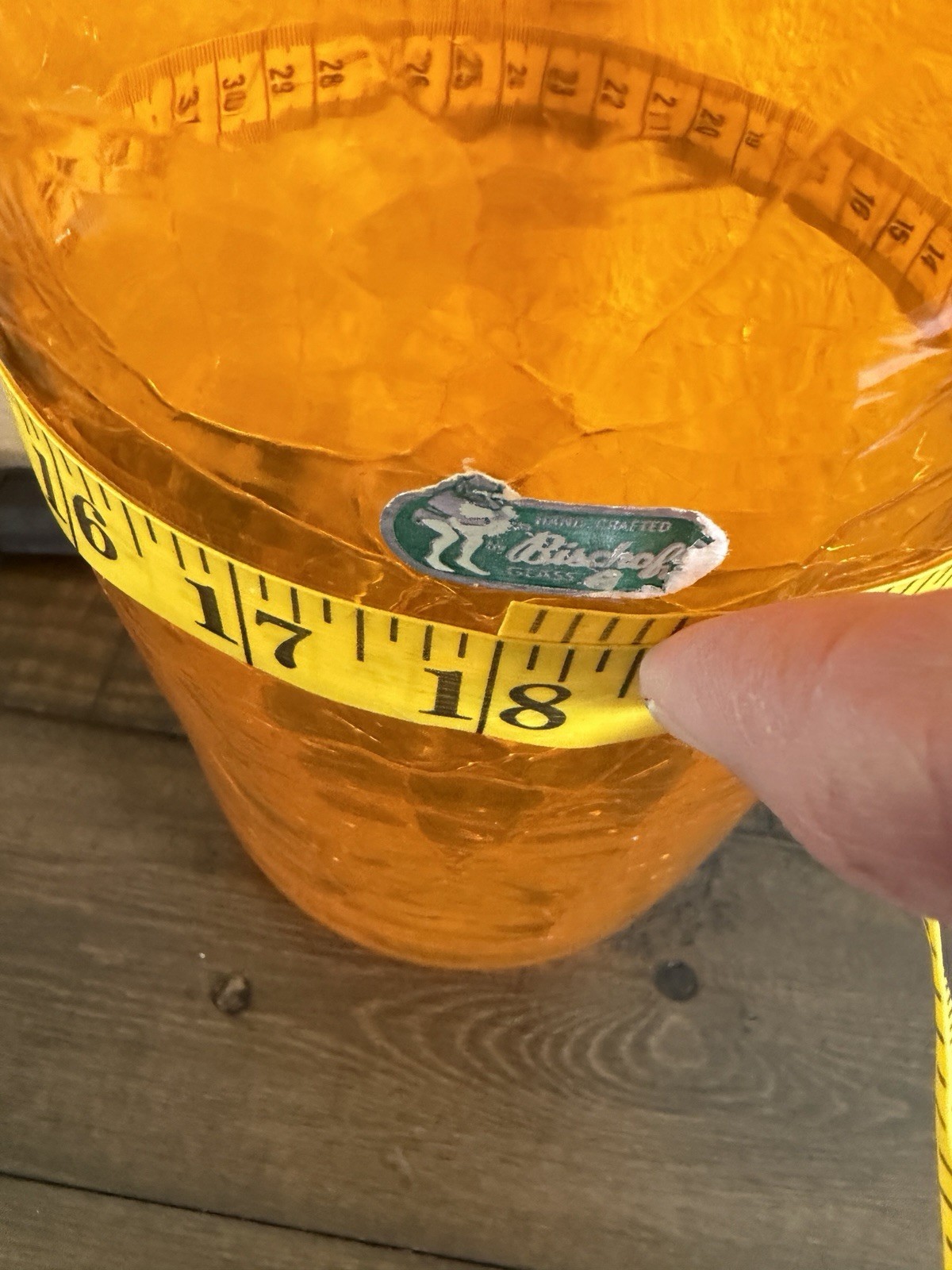 MCM Bischoff Tangerine Crackle Glass 10″ Tall Vase Original Green Elf Label