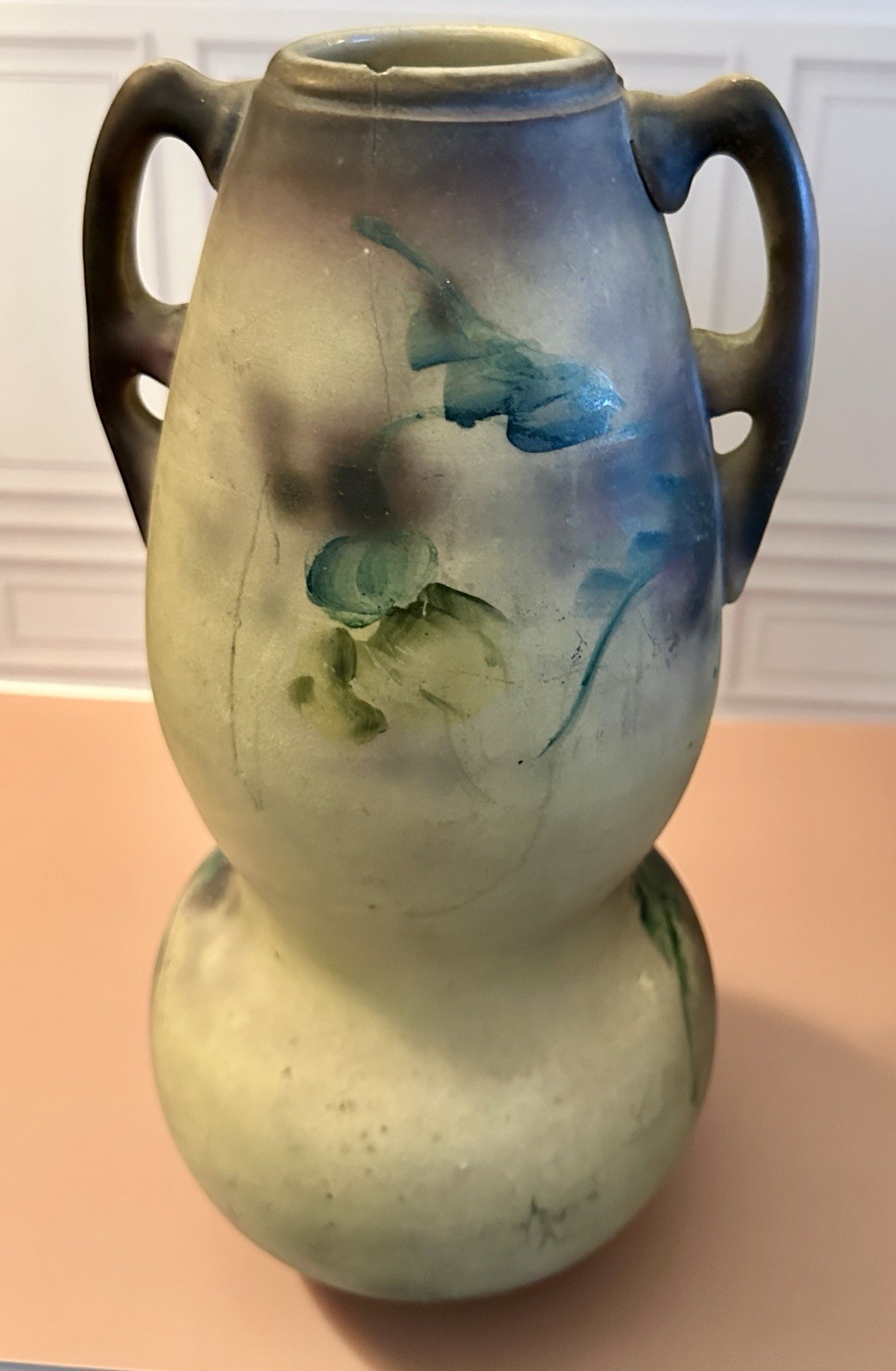 Art Nouveau Art Pottery Double Handle Vase c1900 Hand Painted Floral Matte Glaze