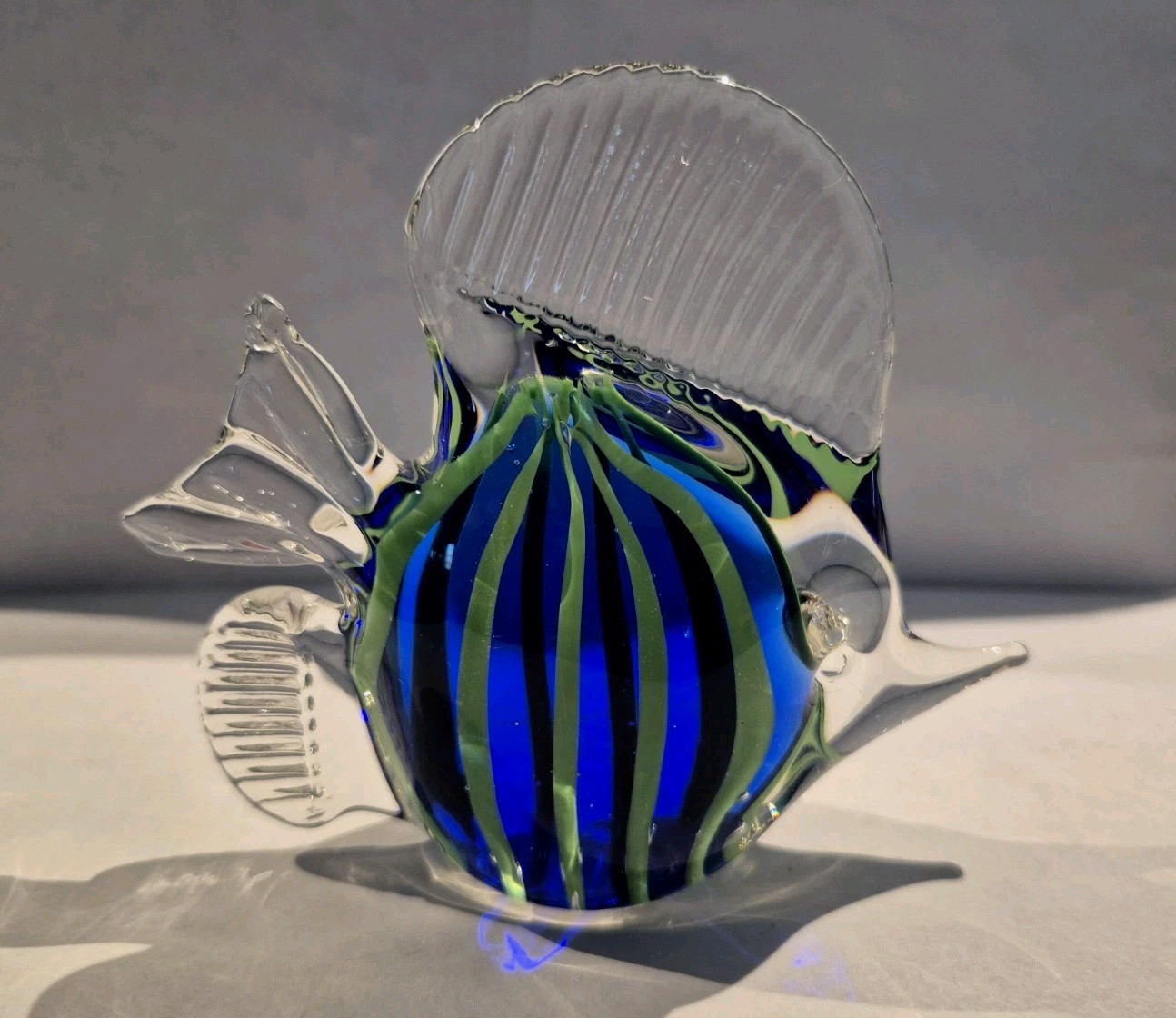 Murano Blue Striped Angel Fish Art Glass Paperweight 4″ x 4 1/2″