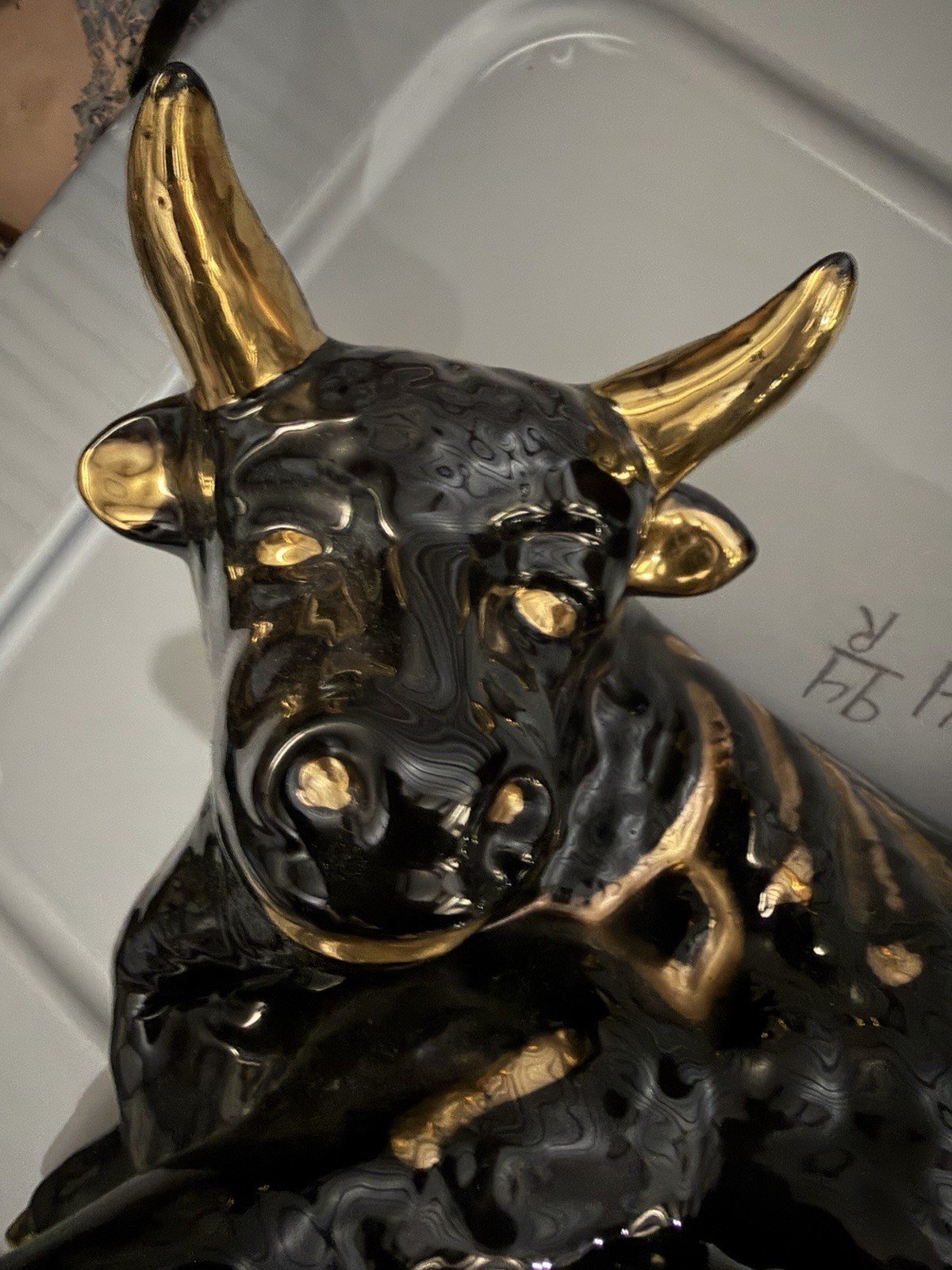 Vintage Maurice of California ? Pottery Ceramic Black Bull Sculpture  Gold Trim