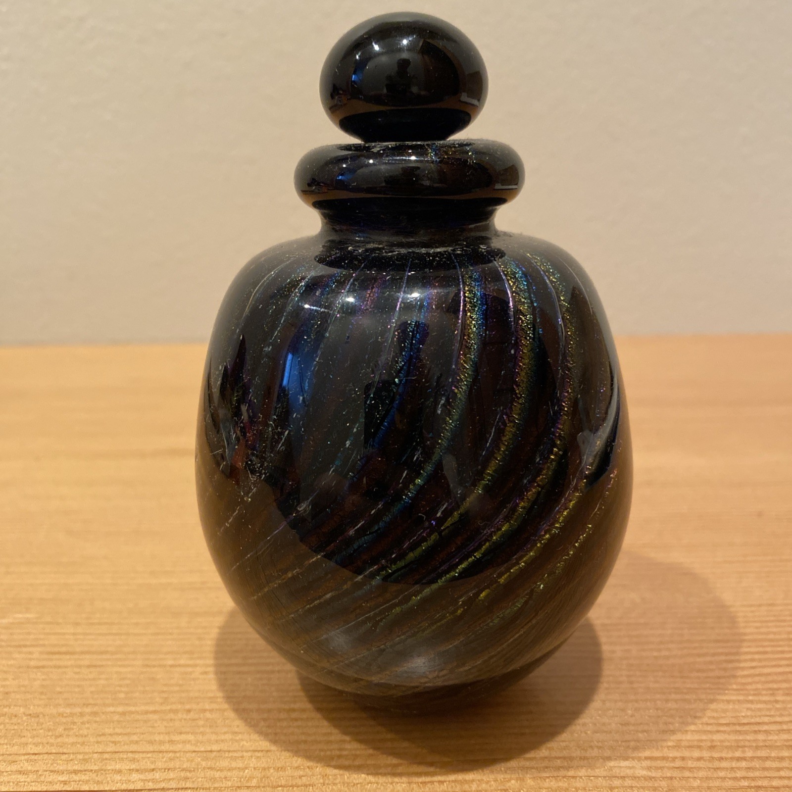 Robert Eickholt Art Glass Perfume Bottle, Black Gold Swirl 1986 Signed
