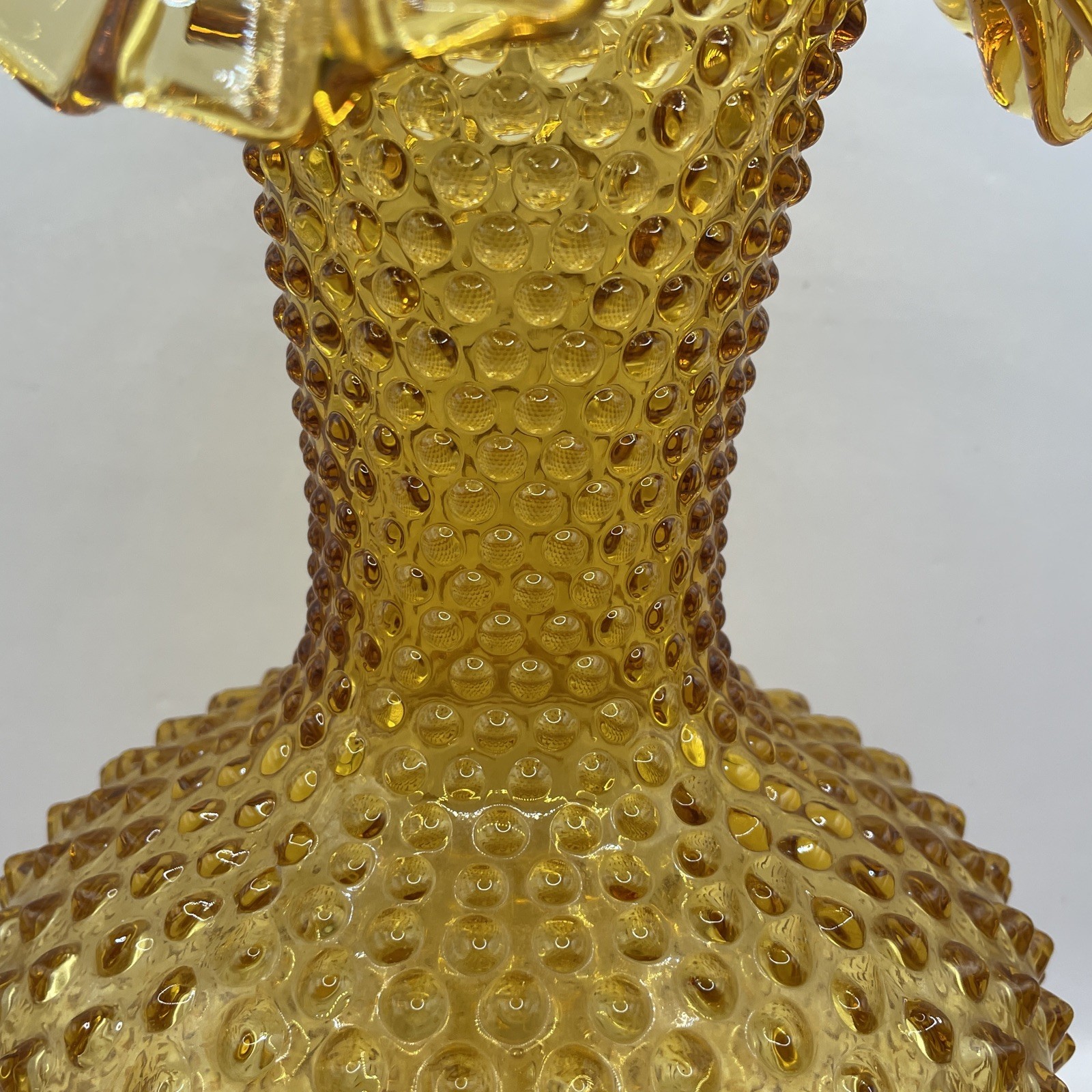 Vintage Fenton Glass Amber Hobnail 11” Ruffled Top Vase Signed