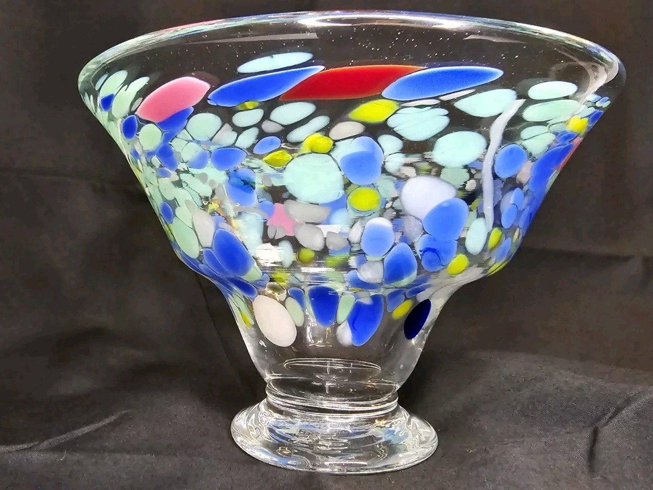 Vtg Molten Confetti Art Glass Pedestal Art Glass Bowl Vase Signed ’89 Colorful