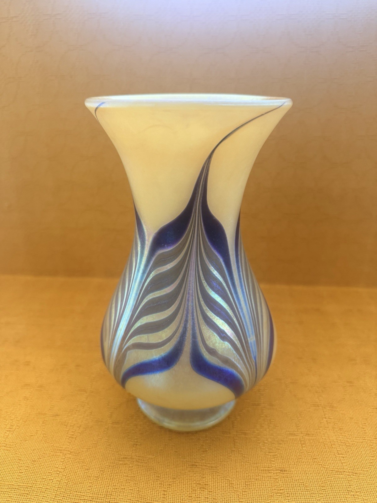 Vintage Hand Blown Yellow Blue Purple Pulled Feather Glass Vase Rough Pontil
