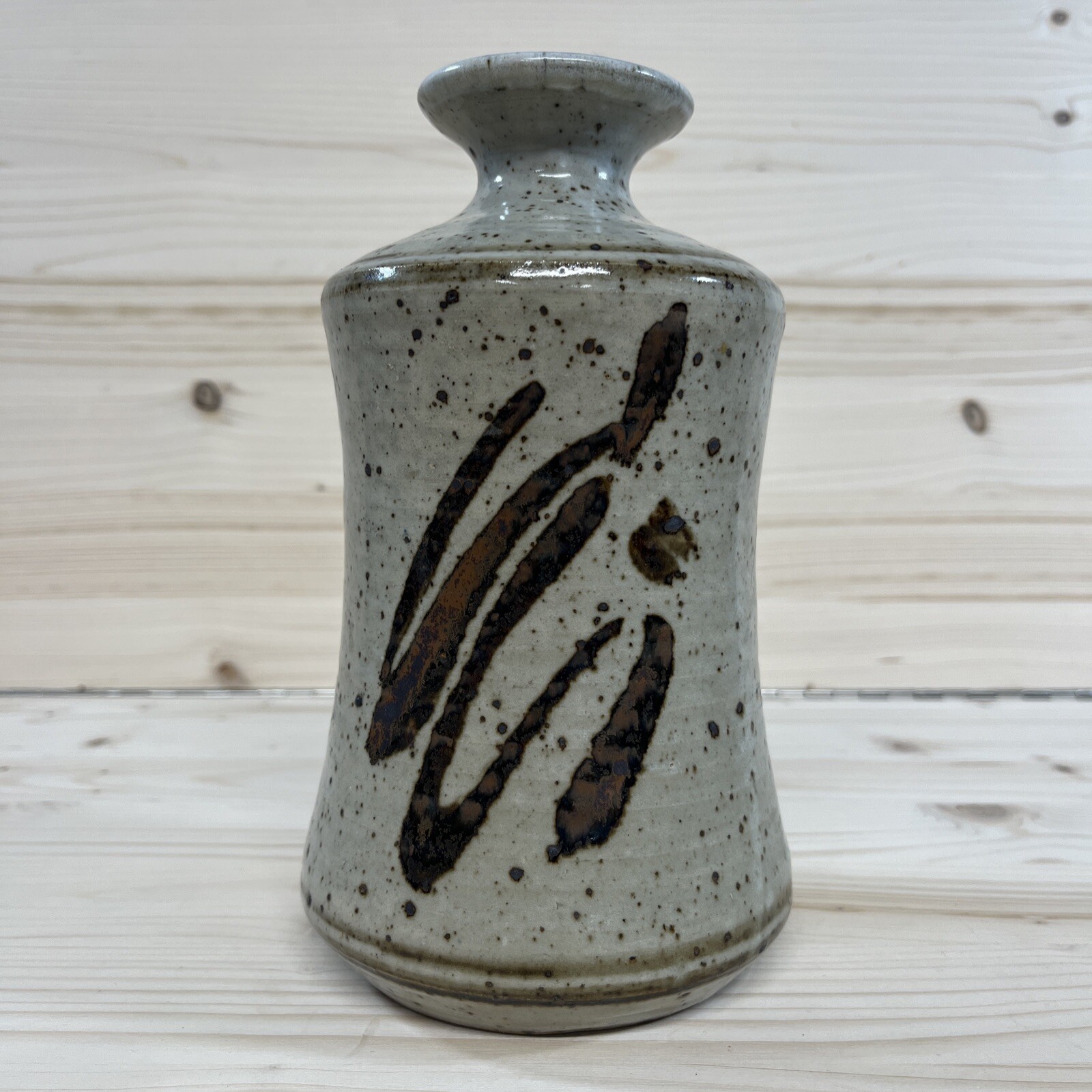 Studio Pottery Flower Vase Speckled Beige Asian Look Heavy Artist Stamped 8″