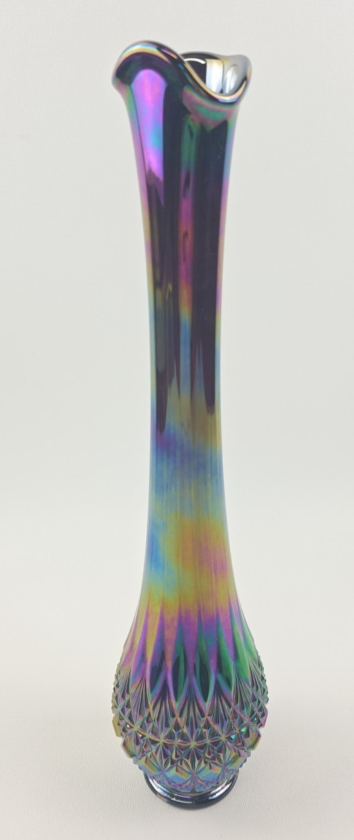 Fenton Olde Virginia Glass OVG Swung Amethyst Carnival Cut And Block Vase 14.5″