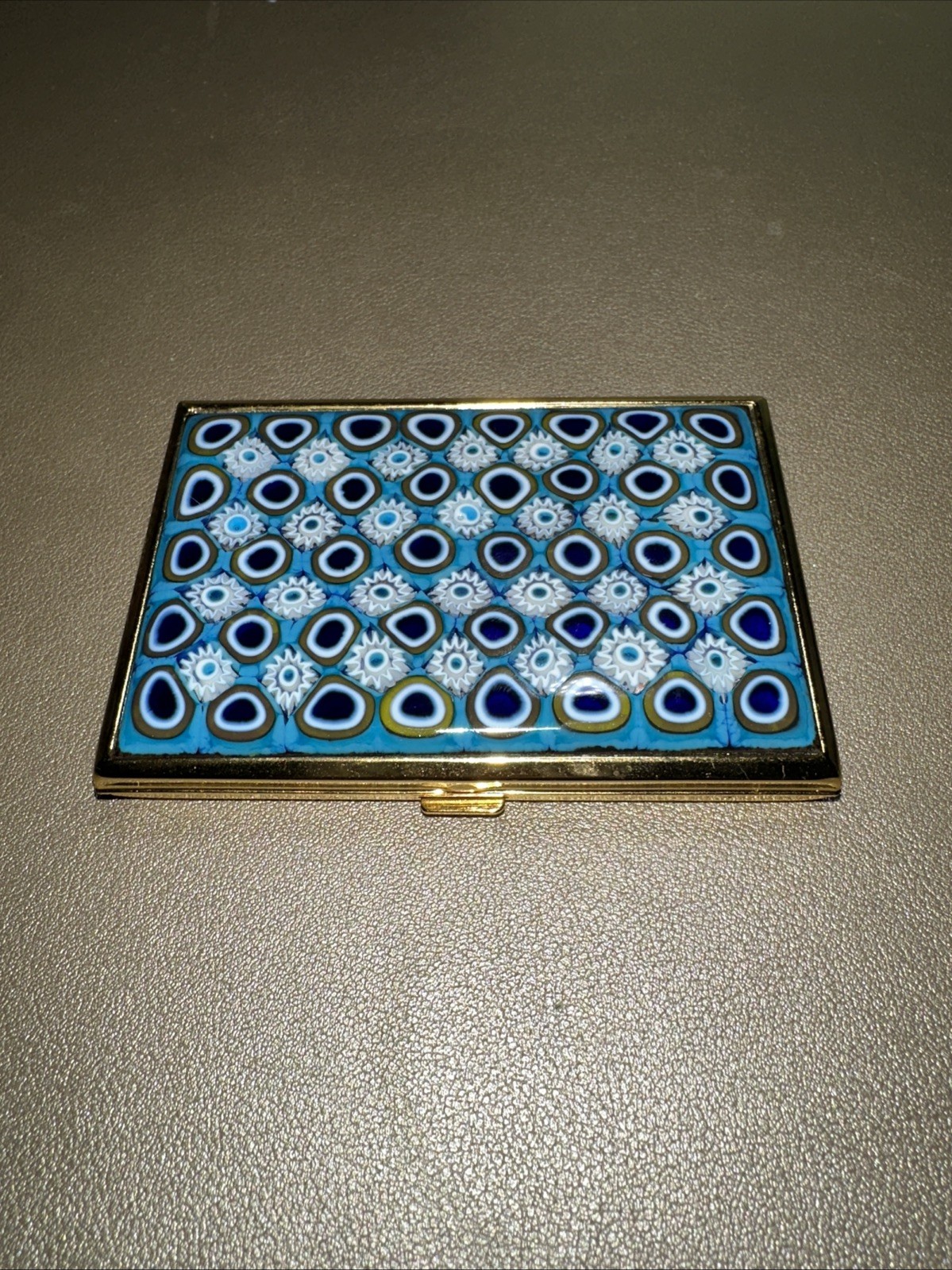 Vintage Murano Millefiori Glass Business Card Case Holder Italy Gold Tone c2000