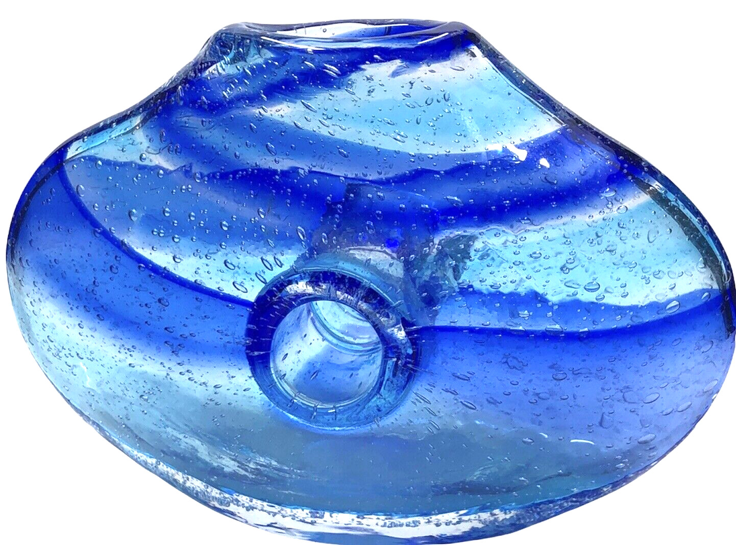 Cobalt Blue Swirl Art Glass Vase Hand Blown Center Opening 7” Wide x 5″ Tall
