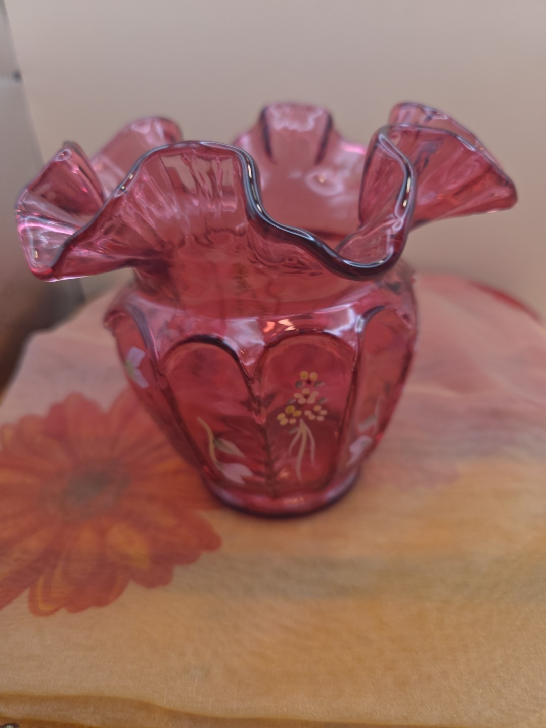 Fenton Cranberry Glass Ruffled Vase Hand Painted Signed P. Fleck – 1990s