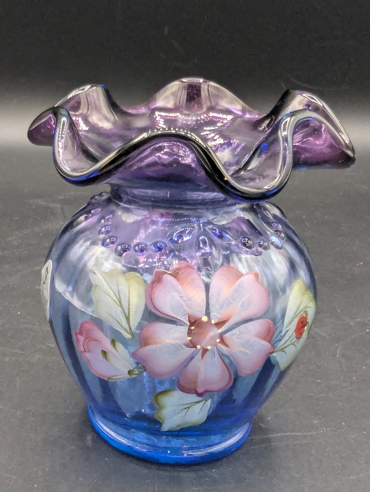 Fenton Glass Mulberry Evening Blossom w/Ladybug 4″ Vase Signed G Fenton & P Lane
