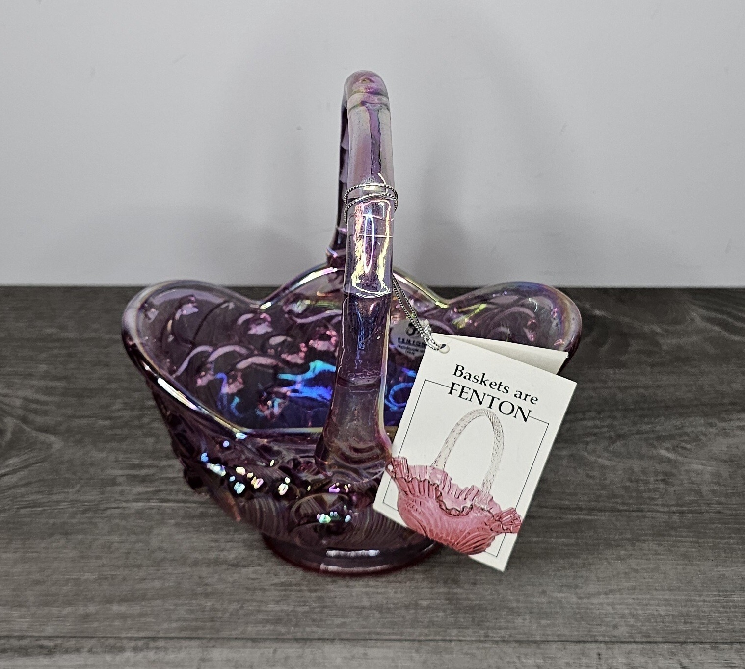 FENTON ART GLASS Co. USA: PINK Iridescent LILY OF THE VALLEY 7 1/2″ Basket w/tag