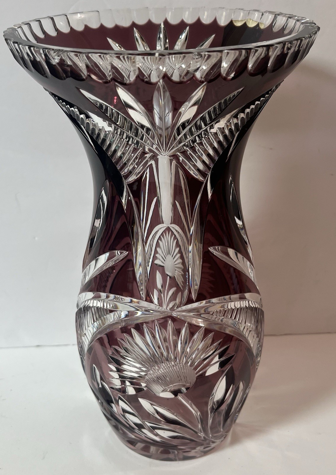 Vintage Arcadia Bohemian Cranberry Hand Cut to Clear Lead Crystal 11.5″ VASE
