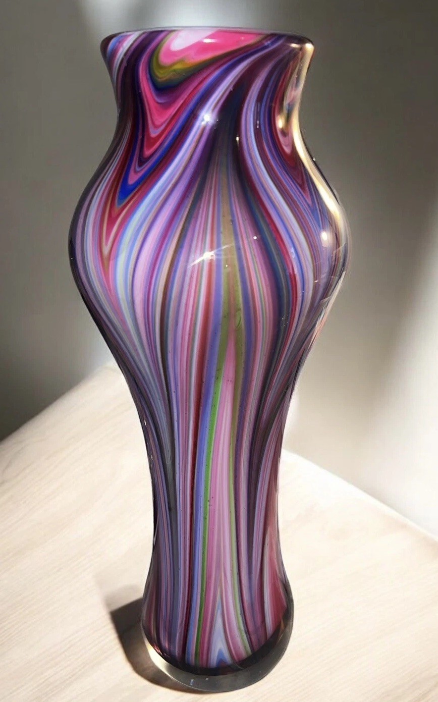 MURANO Peacock Feather Striped Cased Glass Vase 17” T Heavy! Authentic EVC