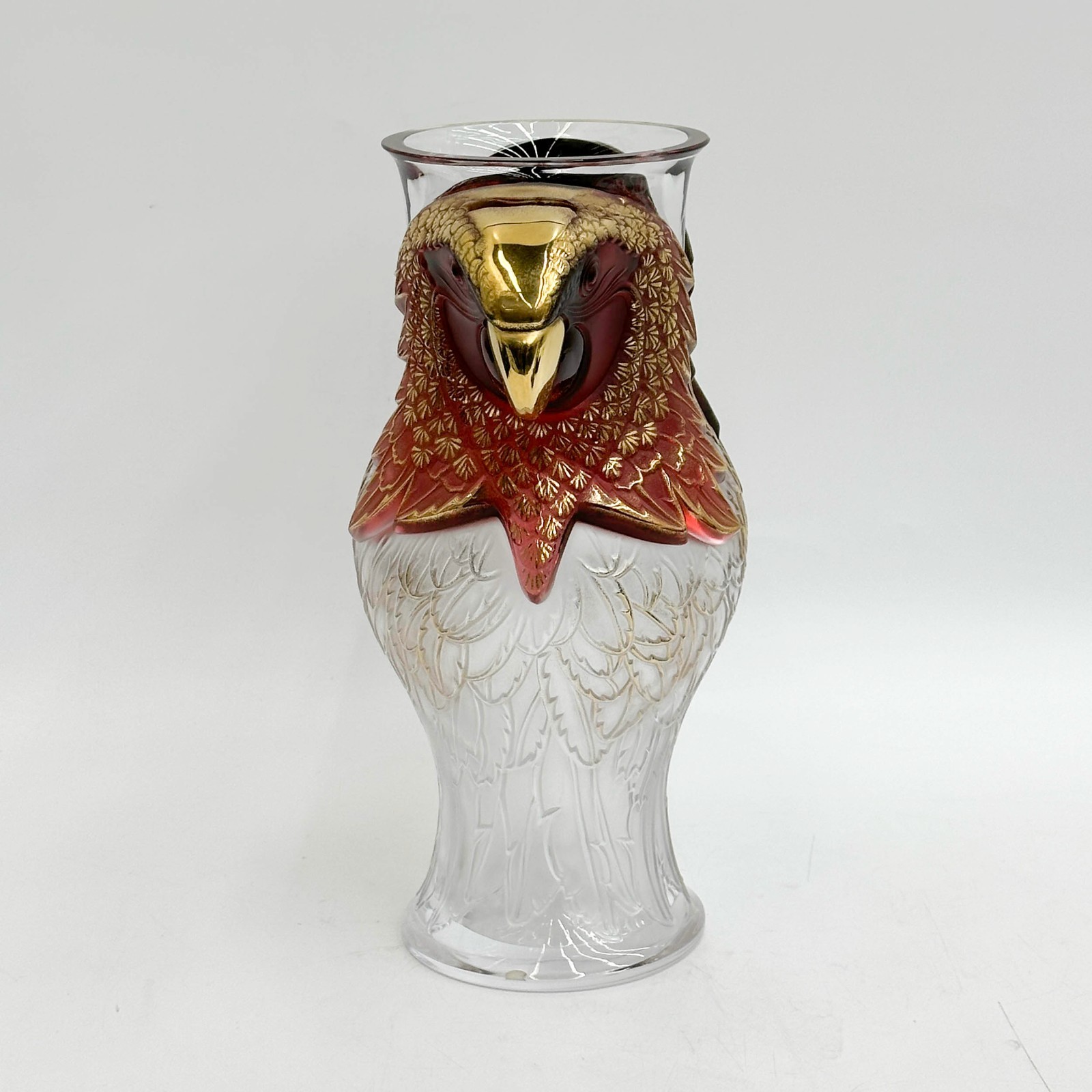 Lalique Glass Red Gold Macaw Vase ” Macao Rouge Emaille Or ” Ltd Edition of 9