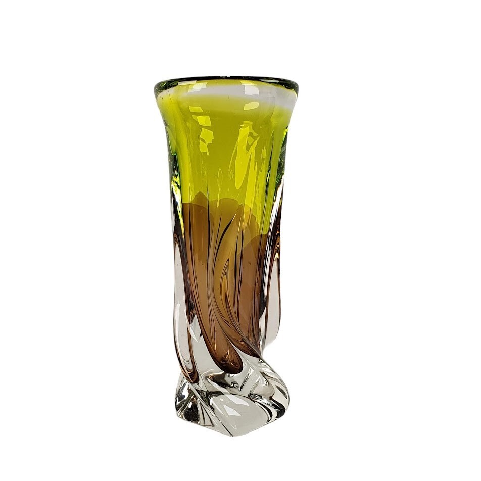 Sommerso Art Glass Vase Green Brown Clear 4 lb 6.2 Oz 10 1/2″ Vintage MCM Colors
