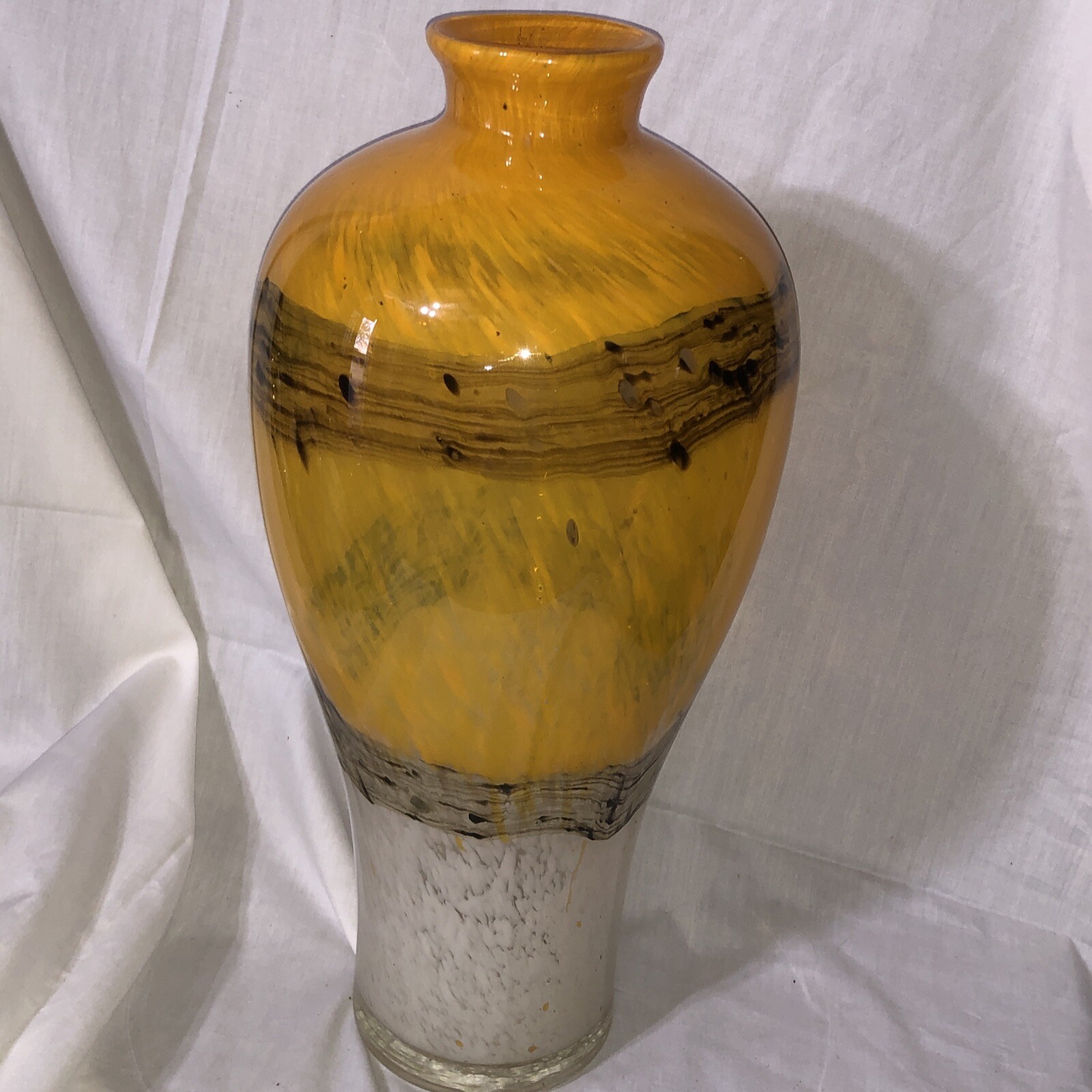 Vintage Murano Art Glass Vase Hand Blown Yellow Brown White 15” Tall