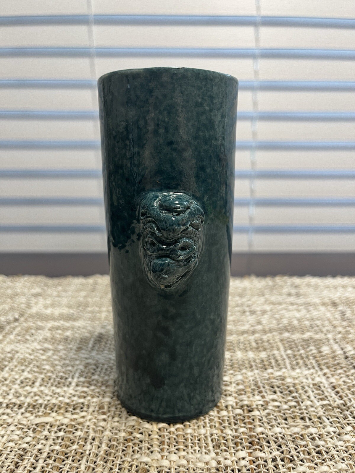 Studio Art Pottery Ceramic Teal Vase Gargoyle Foo Dog Face Double Handles Signed