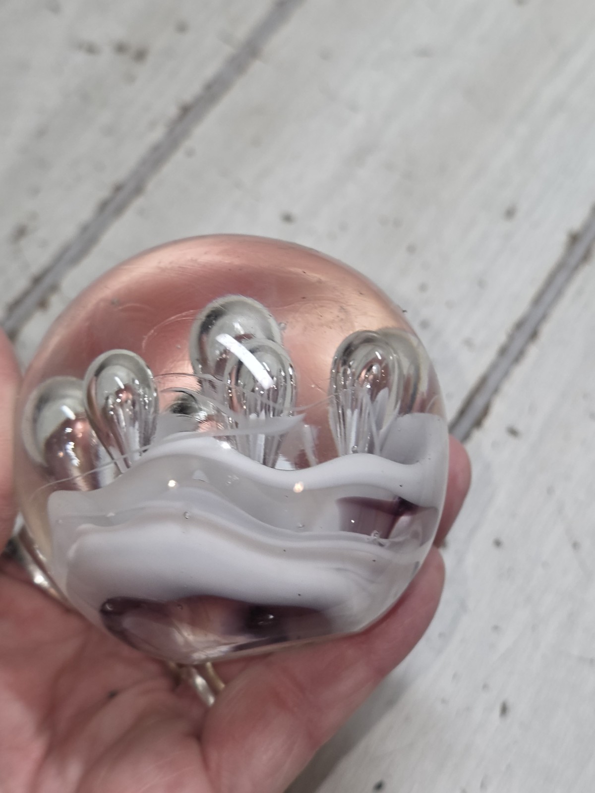 Vintage Cear & White Art Glass Paperweight Controlled Bubbles 3.25″ Desk Decor