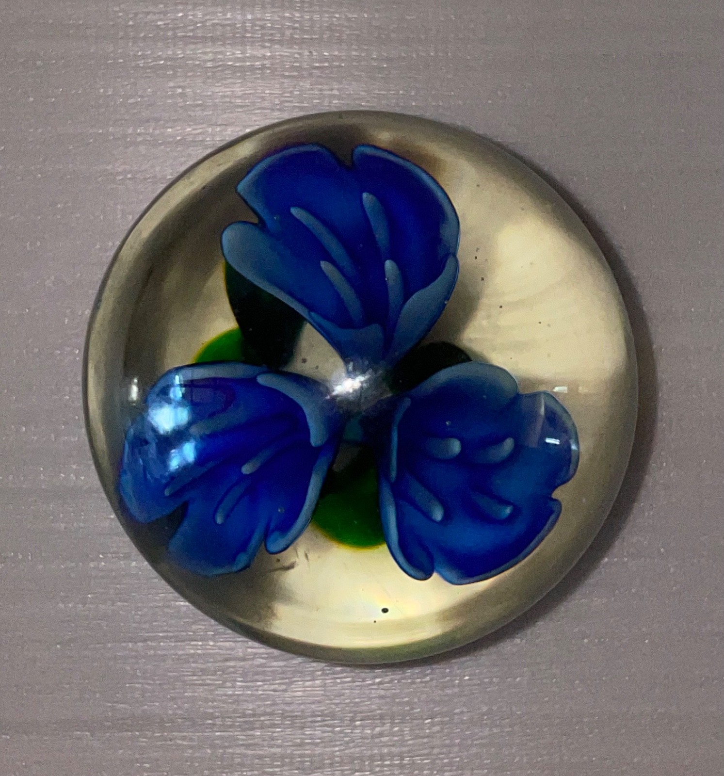 Art Glass Paperweight with Blue Flower Encased in Clear Glass – 3” Vintage