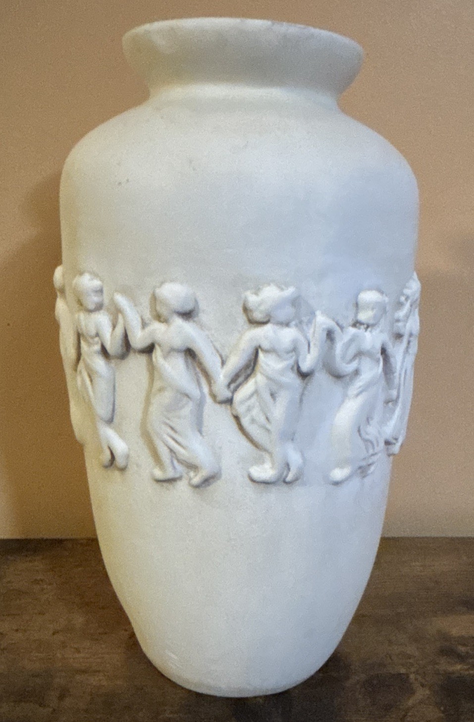 Rare 1930s Art Deco Greek Ceramic Urn Vase – Raised Classical Dancing Nymphs 12″