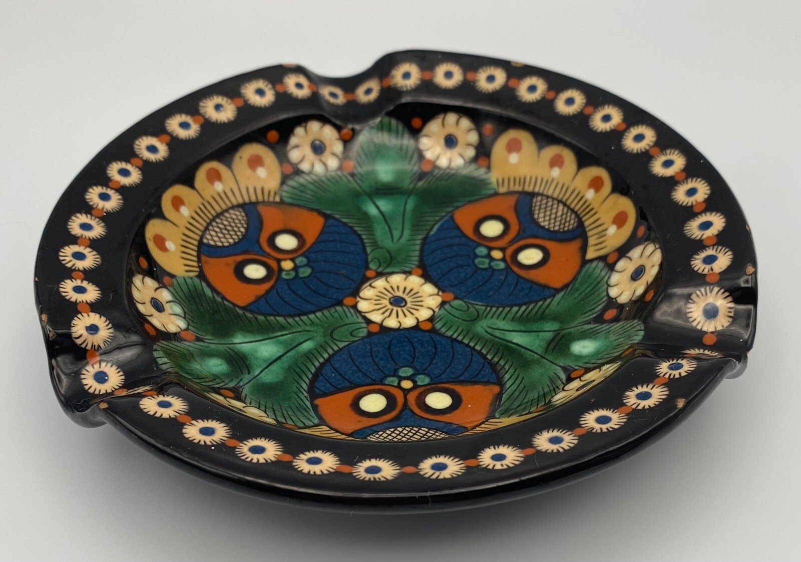 Vintage Thoune Switzerland Majolica Pottery Owl Ashtray Signed Steffisburg