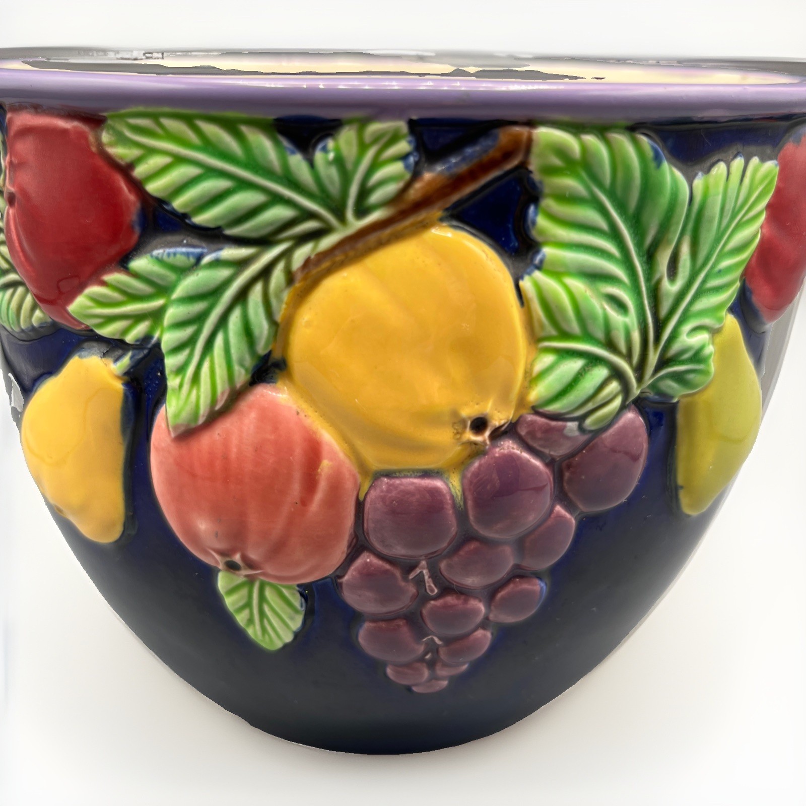 Eichwald Majolica Art Nouveau Jardiniere Planter Cobalt Blue Fruit Relief 7046/7