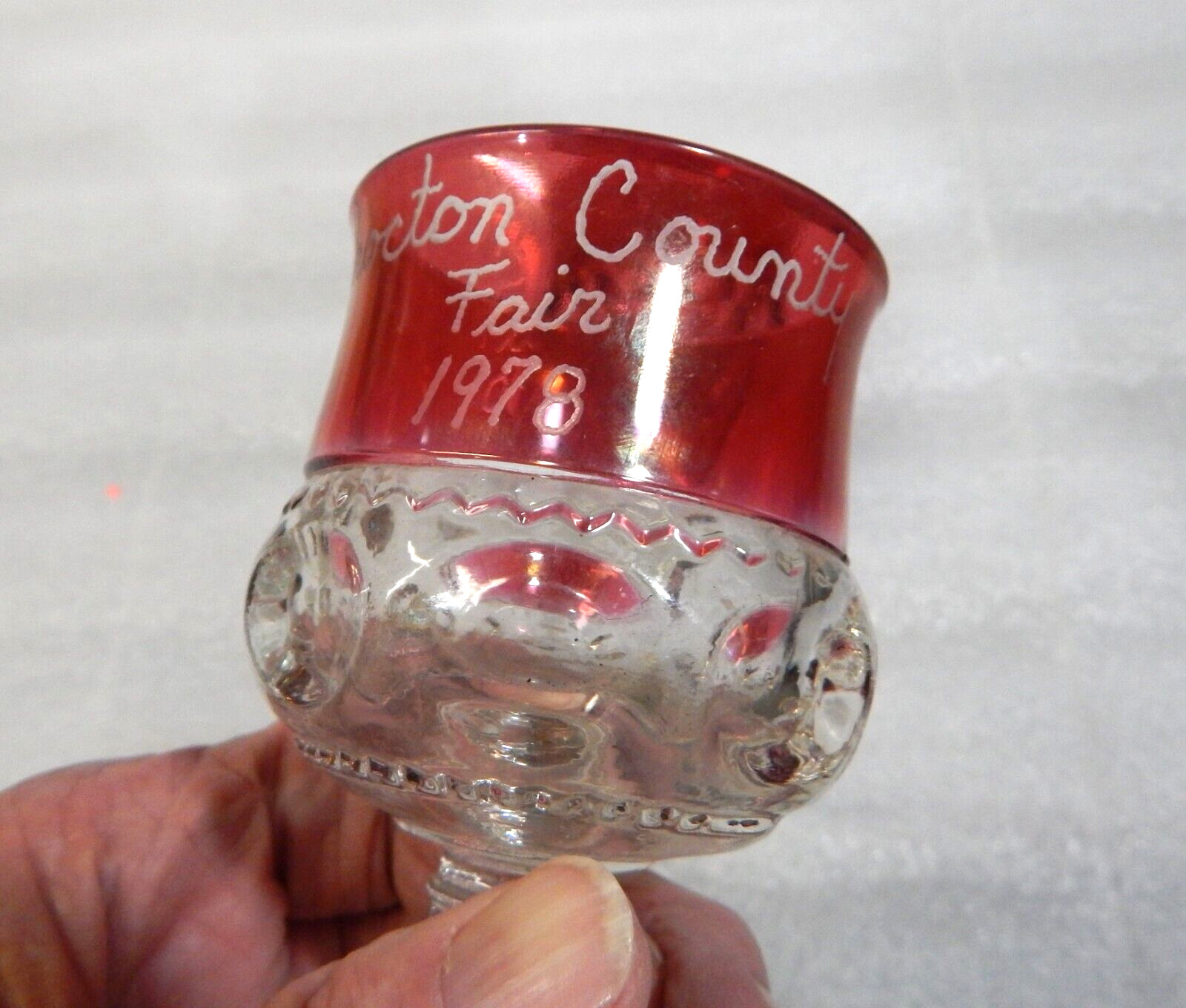TWO Ruby Stained Indiana Glass Goblets Coshocton County Ohio Fair 1978/79 Etched