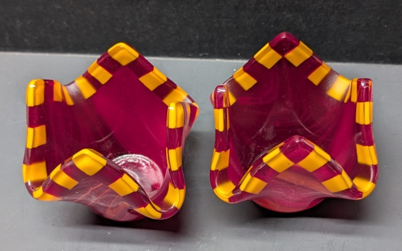 Pair of Fused Art Glass Handkerchief Votive Holder Checkerboard Rim 4″H x 4″W