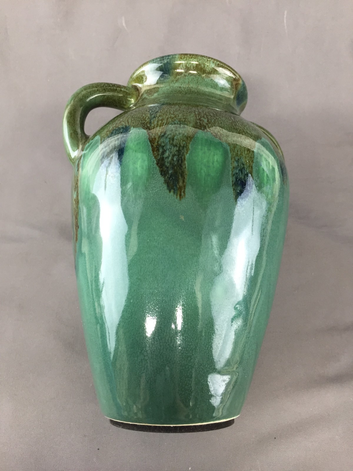 VTG Art Deco Glazed Green & Blue Drip Double Handle Stoneware 9″ Tall Vase Urn