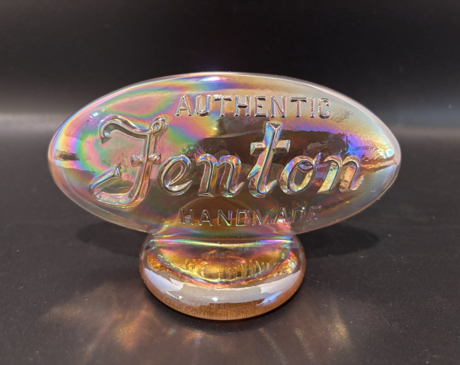 Fenton FAGCA Gold / Amber Iridized Glass Oval Logo Display Sign 1996