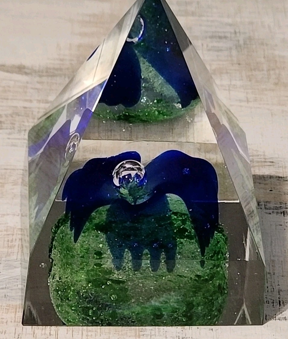 Vintage glass Pyramid sphere Paperweight Cobalt Blue Flower Controlled Bubble