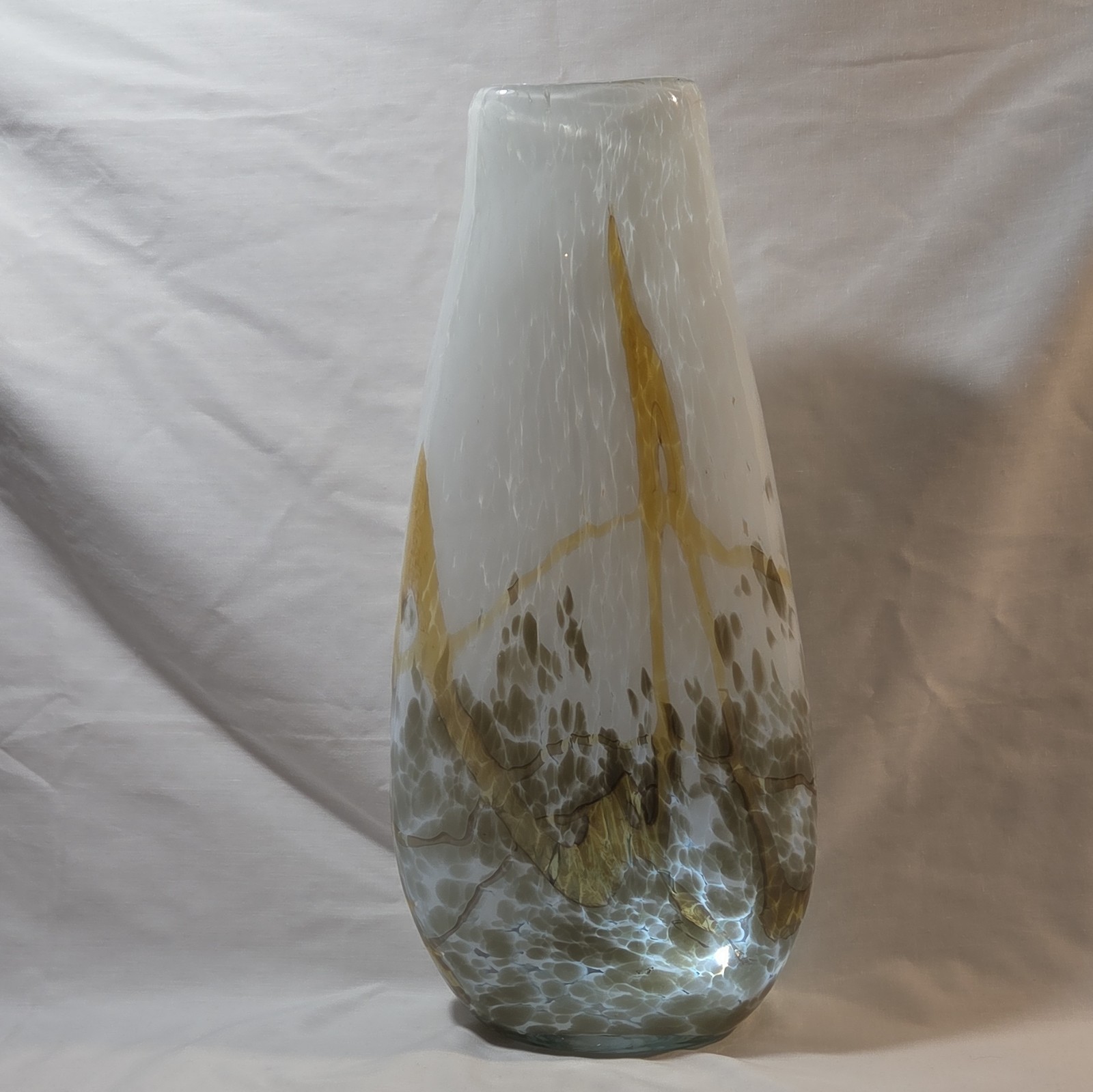 Gallery Glass, Art Glass Vase 16in Clear White Gold Gray Abstract Decorative