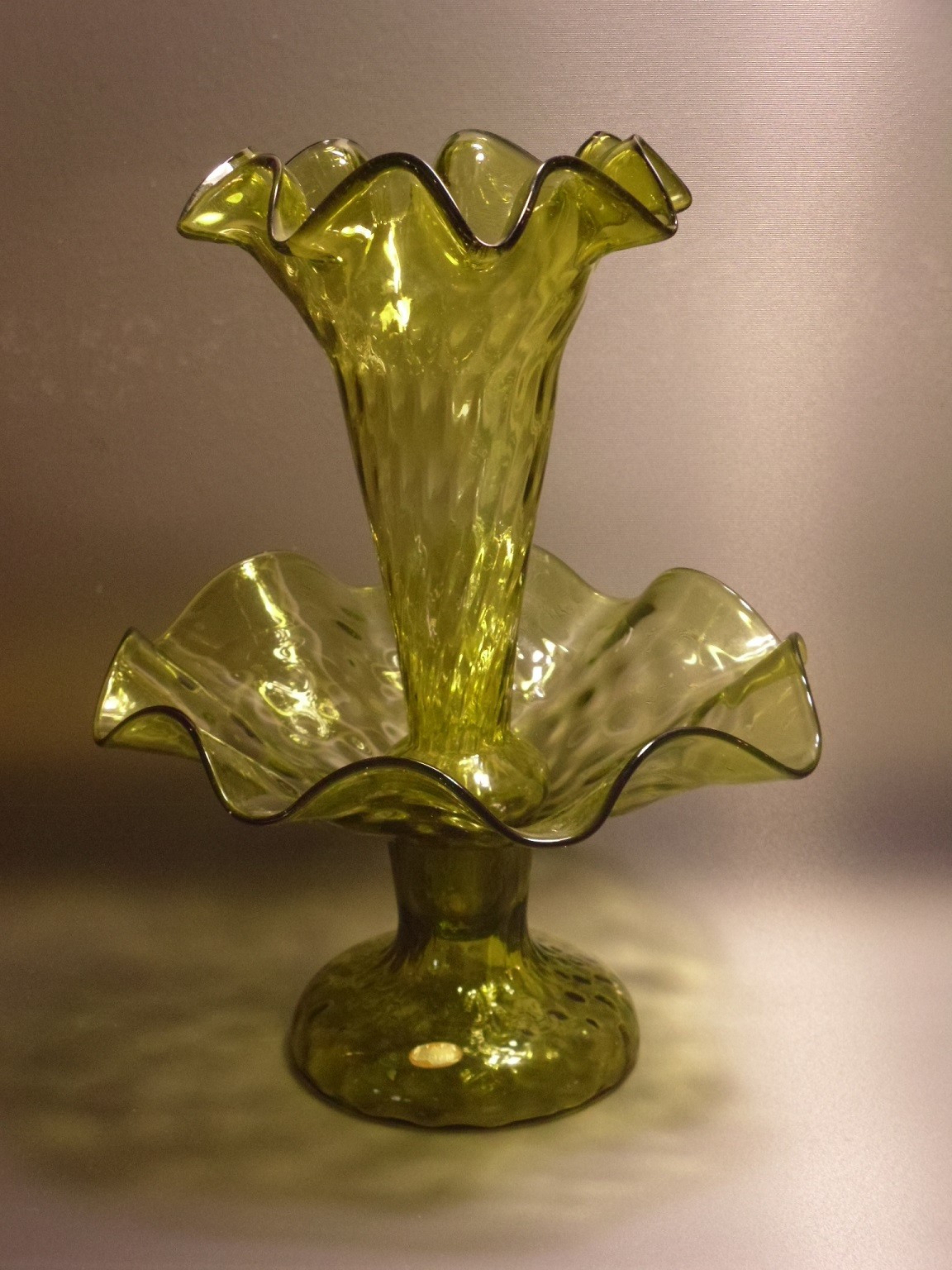 Italian Empoli Glass Ruffled Epergne * Single Horn * Colonial Green * 11″ * 0754