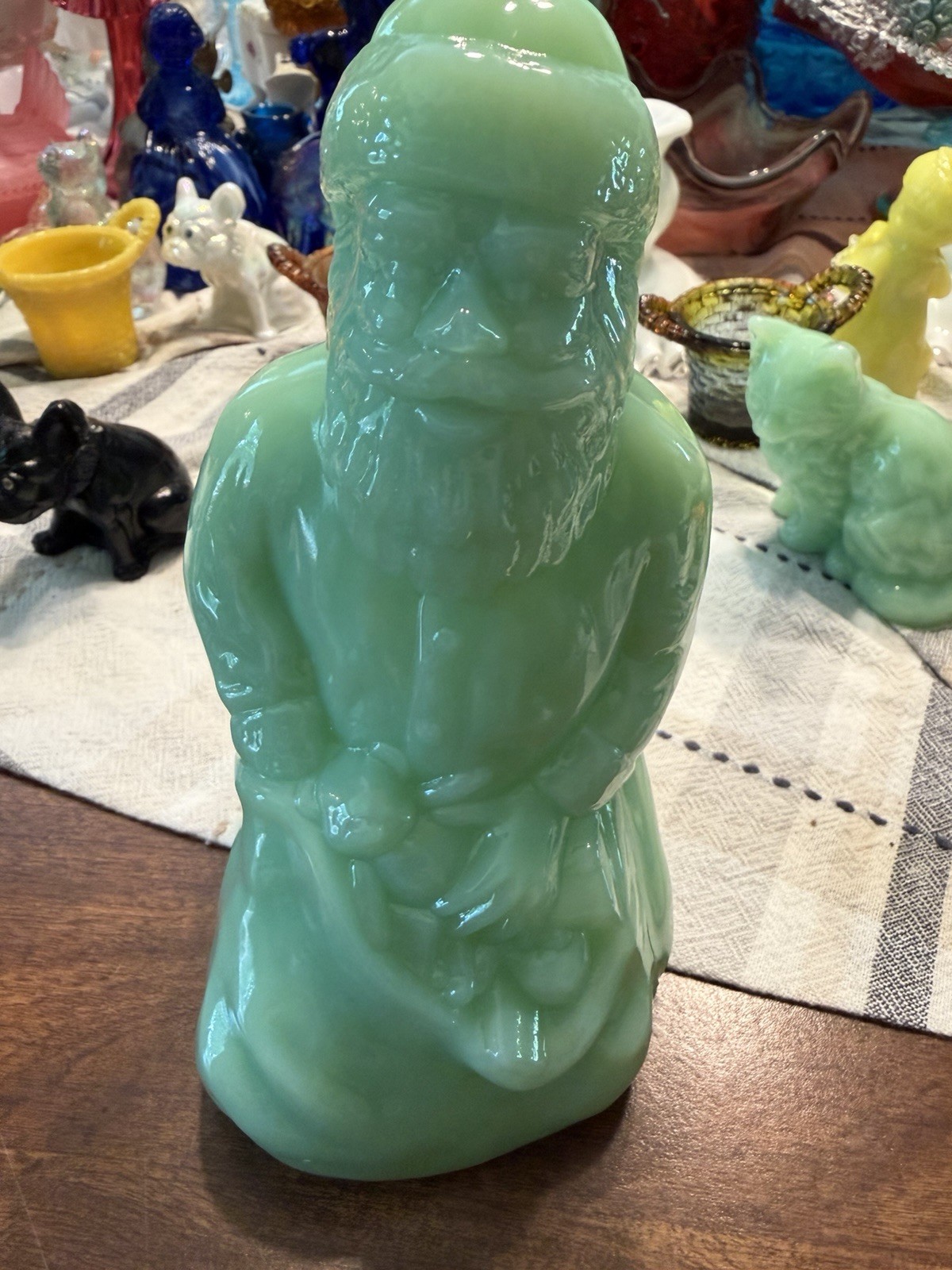 Mosser Jadeite Glass Kneeling Santa Figurine Glossy Finish