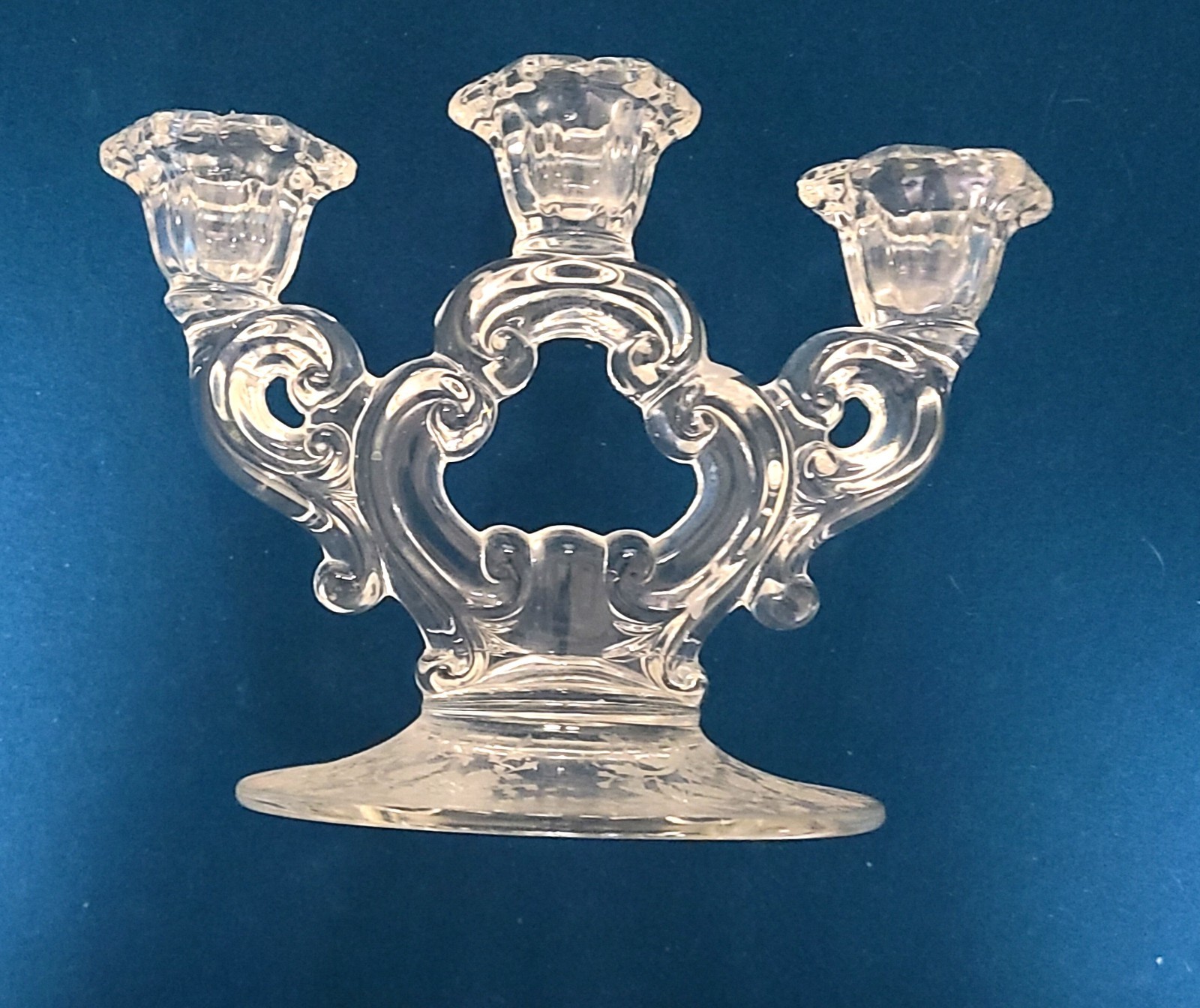 Vintage Pair of Cambridge Triple Light Keyhole Candlesticks Wildflower Pattern