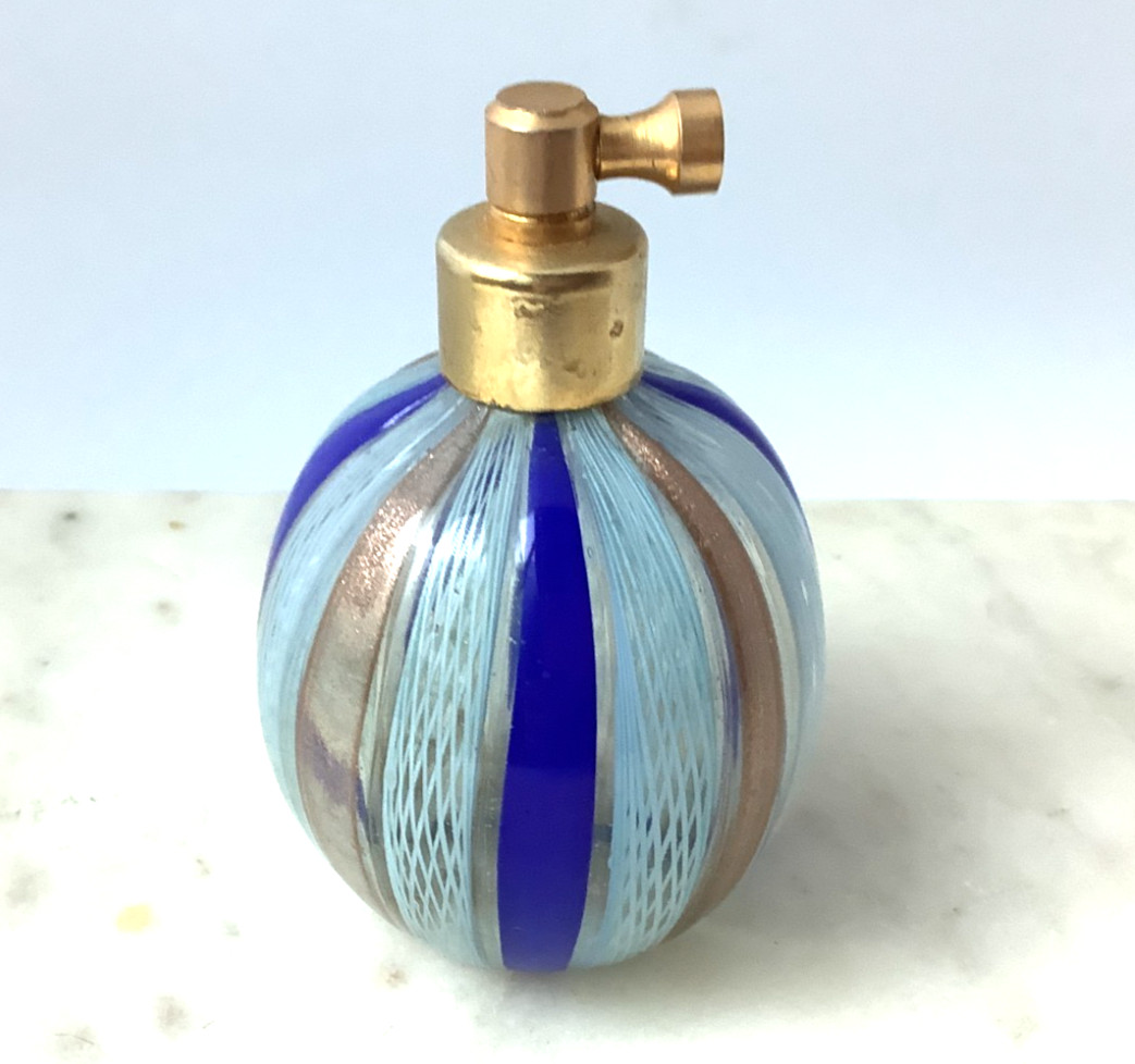 Vtg Murano Art Glass Perfume Bottle Atomizer Blue Aqua MCM 1960s Original Tag