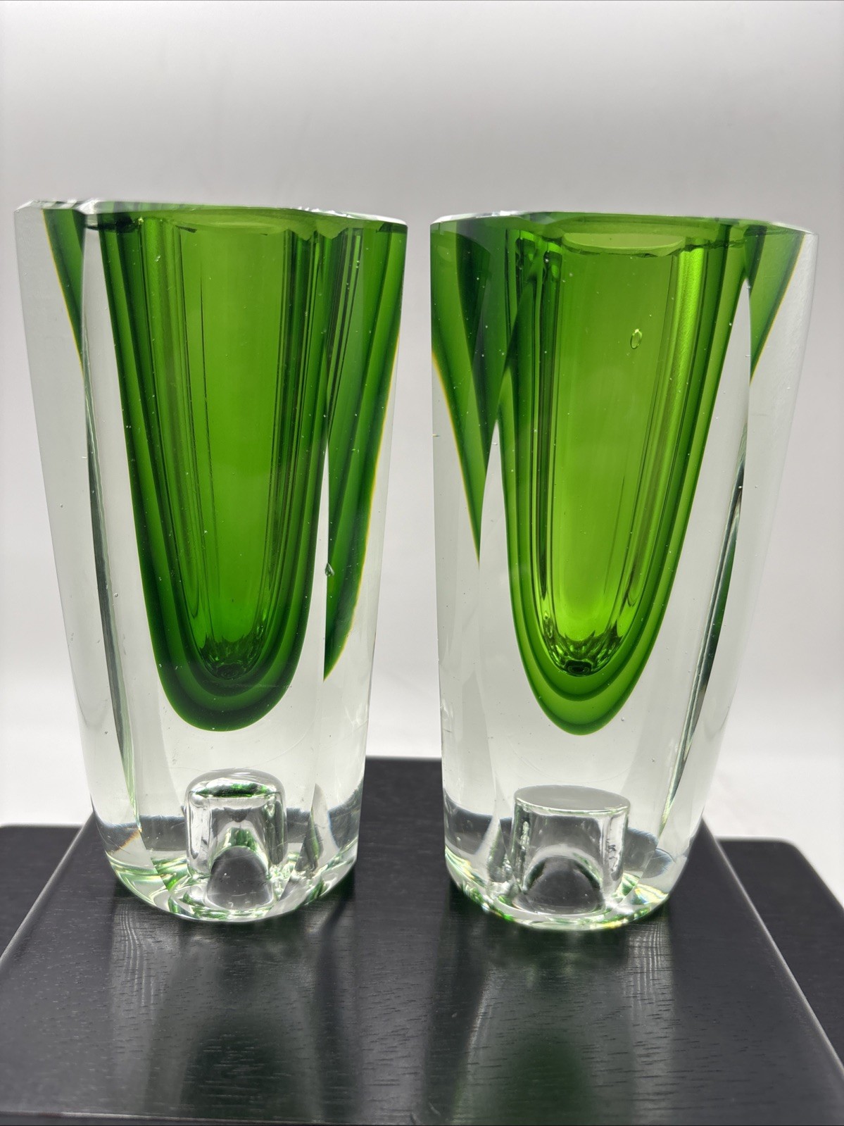 VINTAGE MID 20TH CENTURY MURANO Green GLASS VASES 6”H 2.5” W VERY RARE