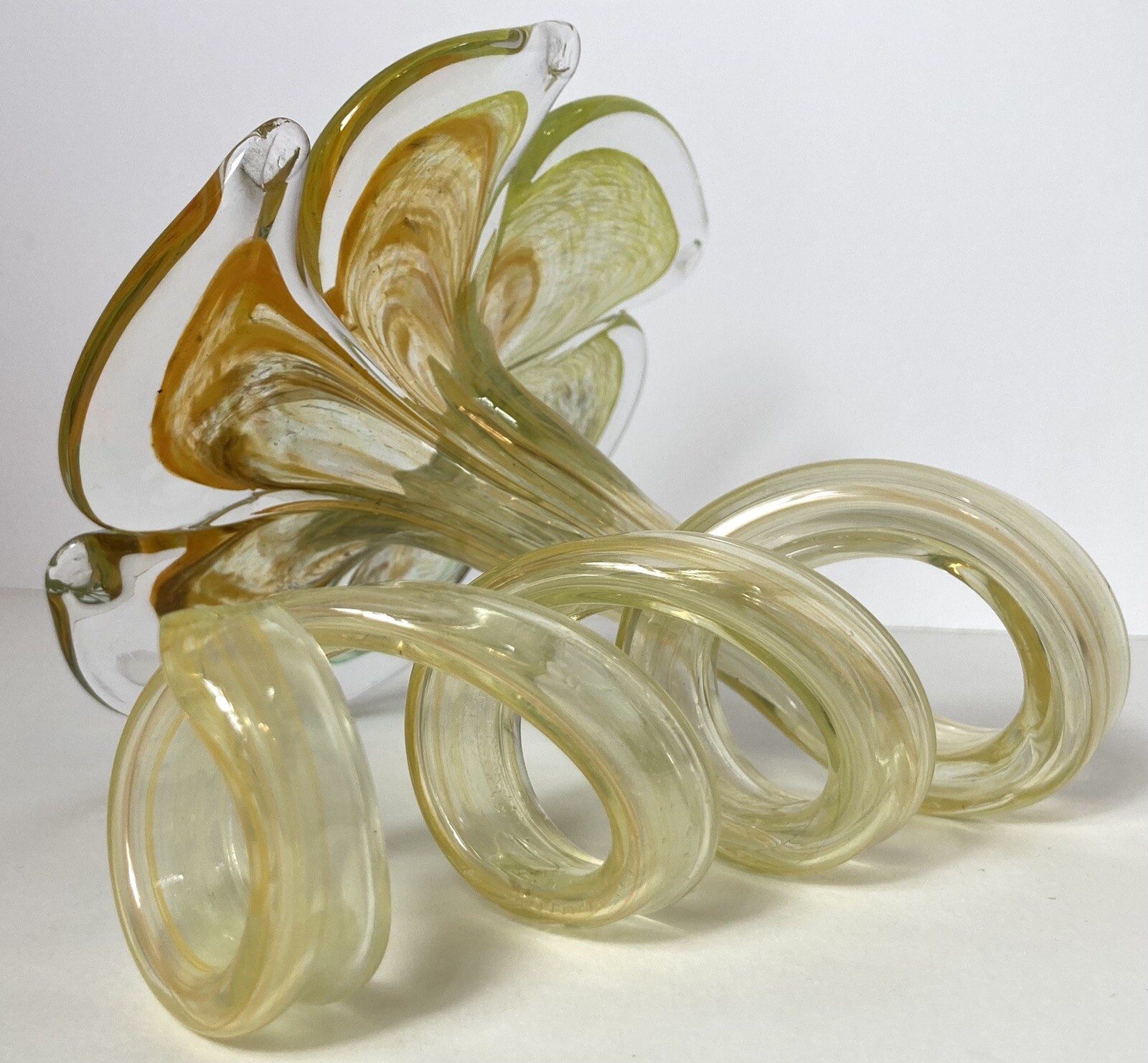 Art Glass FLOWER WITH SWIRLED STEM Clear Orange Yellow Green 4.5 Inches Tall